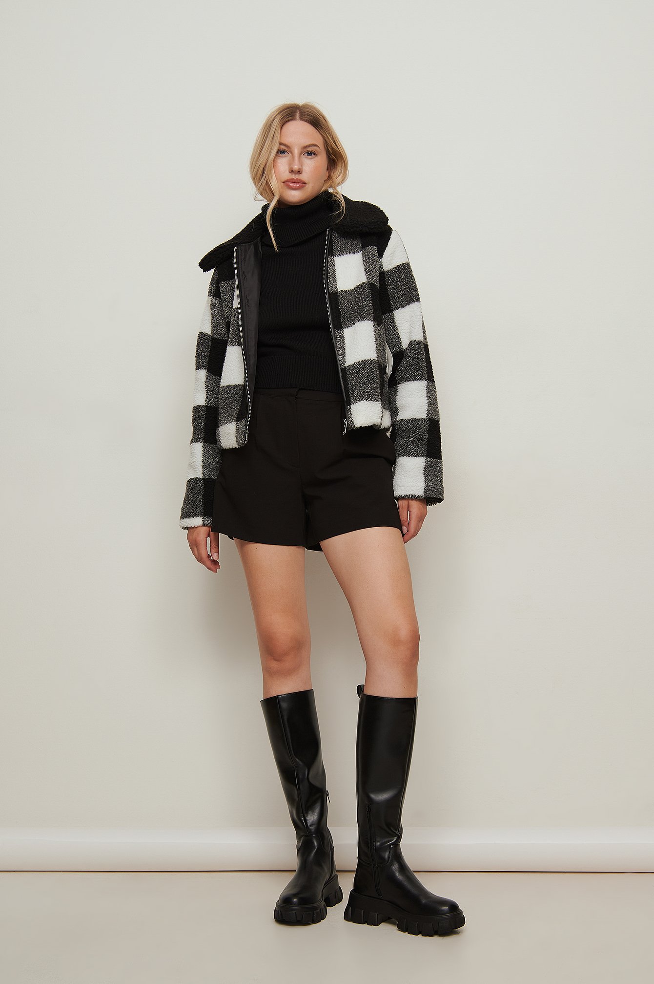 Black/White Recycled Checked Teddy Jacket