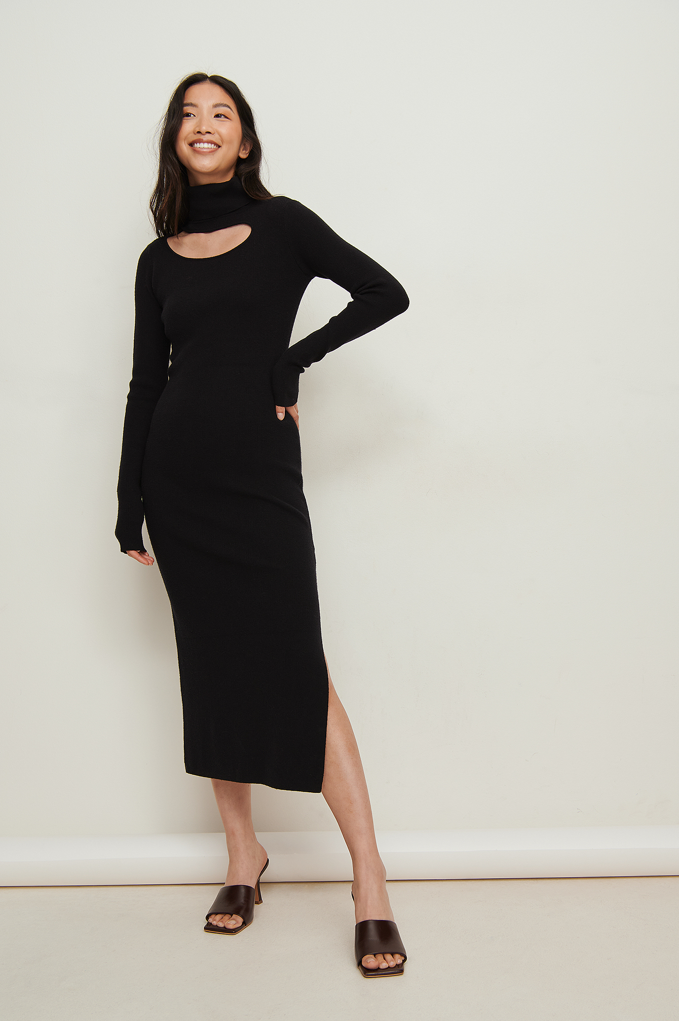 Cut Out High Neck Knitted Dress Outfit