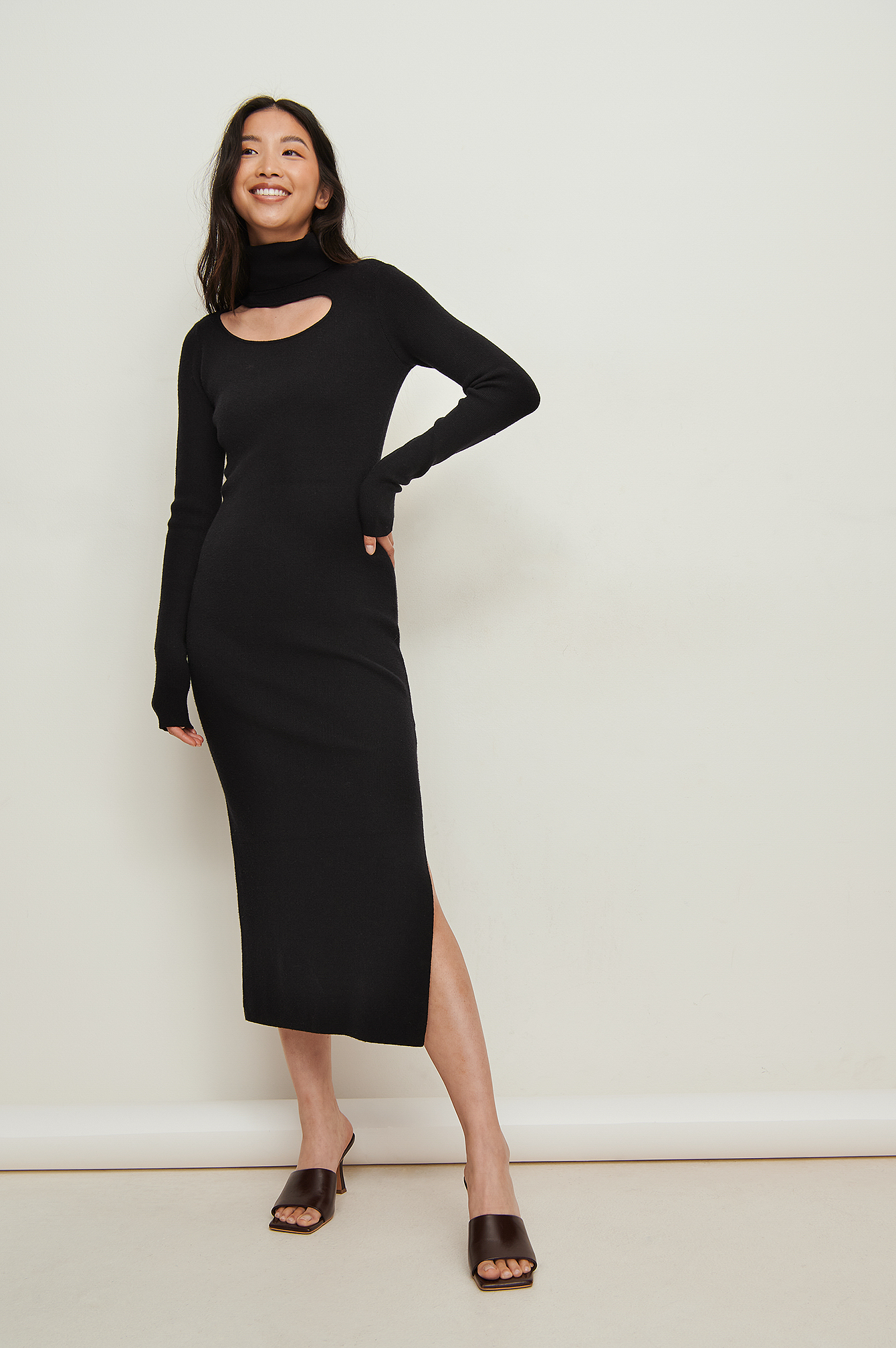 Black Cut Out High Neck Knitted Dress