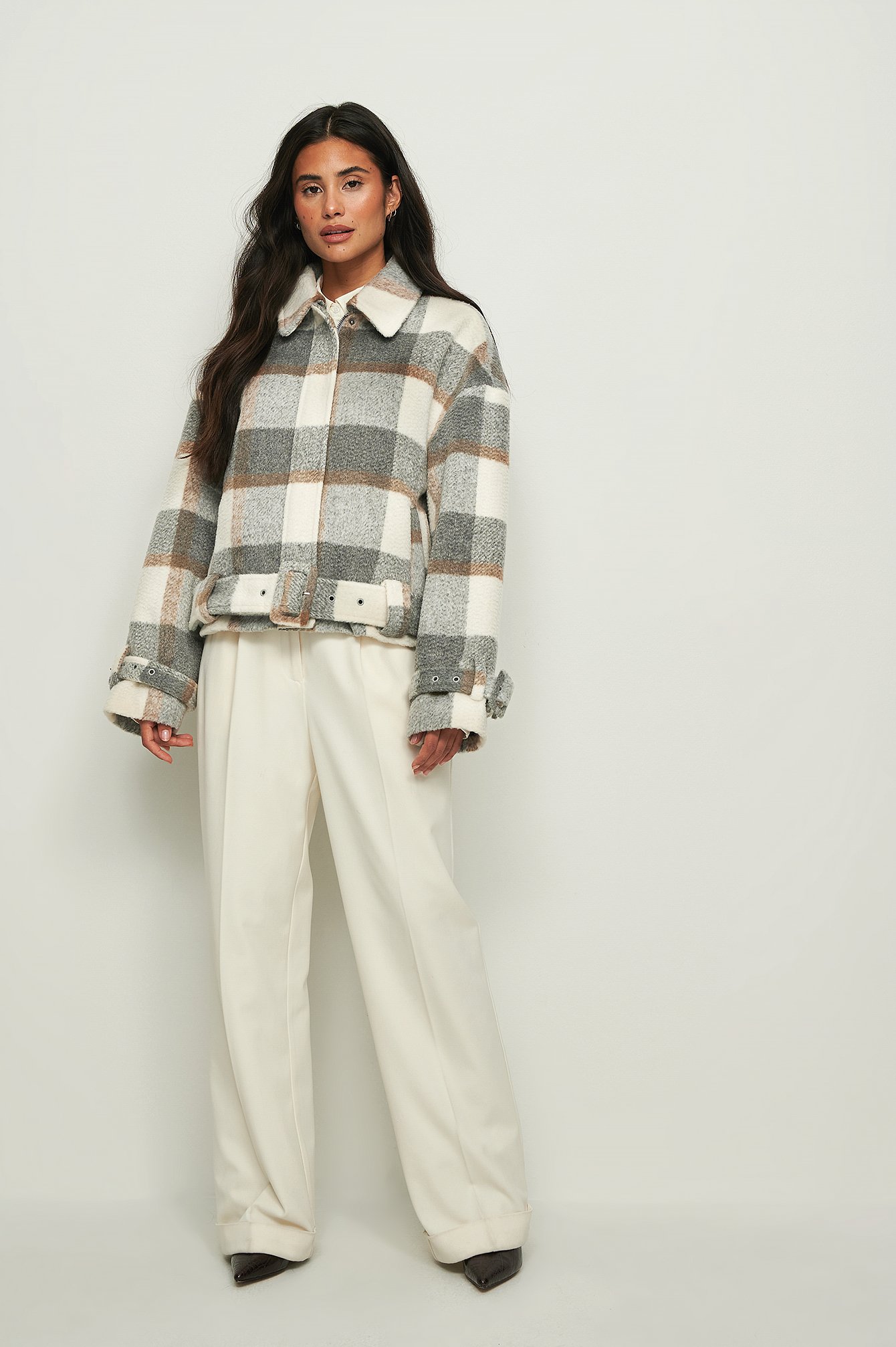 Belted Short Checked Jacket Outfit