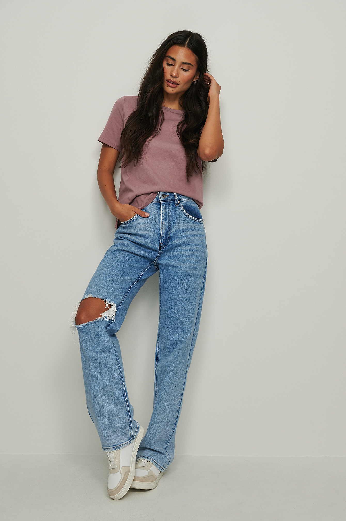 Round Neck Cotton T-Shirt Purple | na 