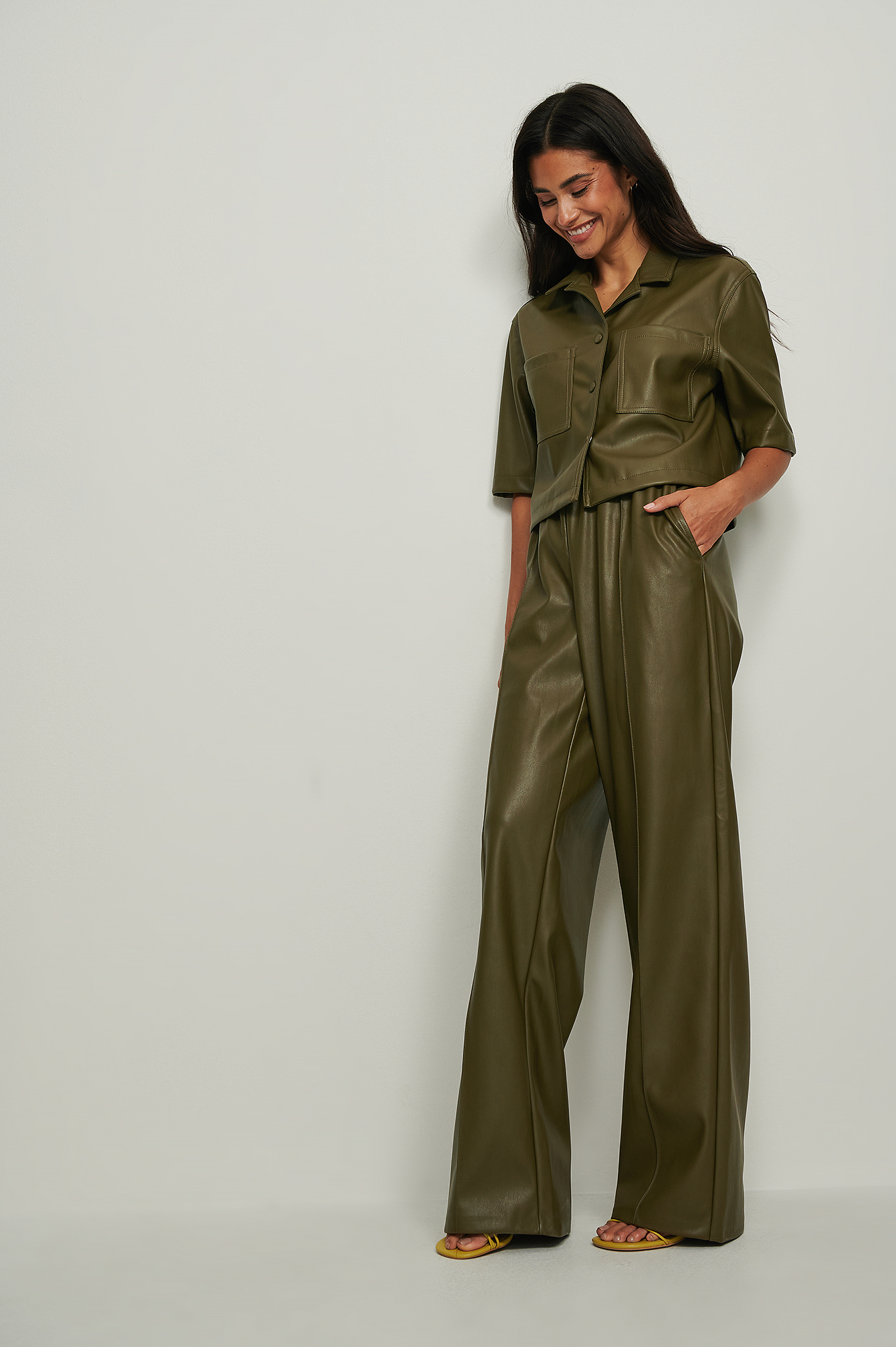 Elastic Waist PU Trousers Green | na-kd.com