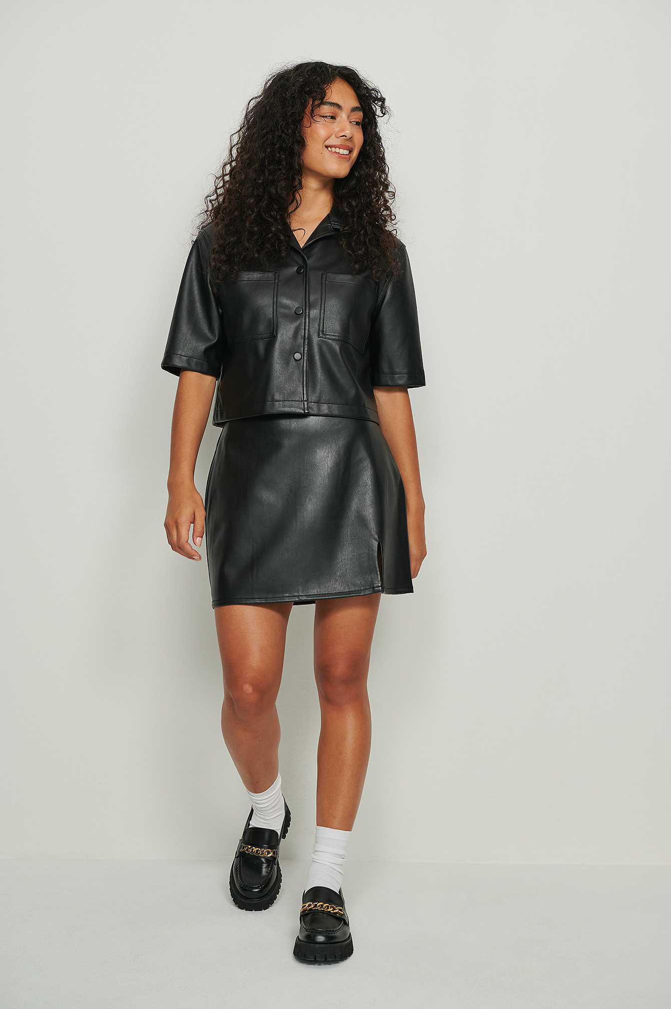 Black Mini Slit PU Skirt