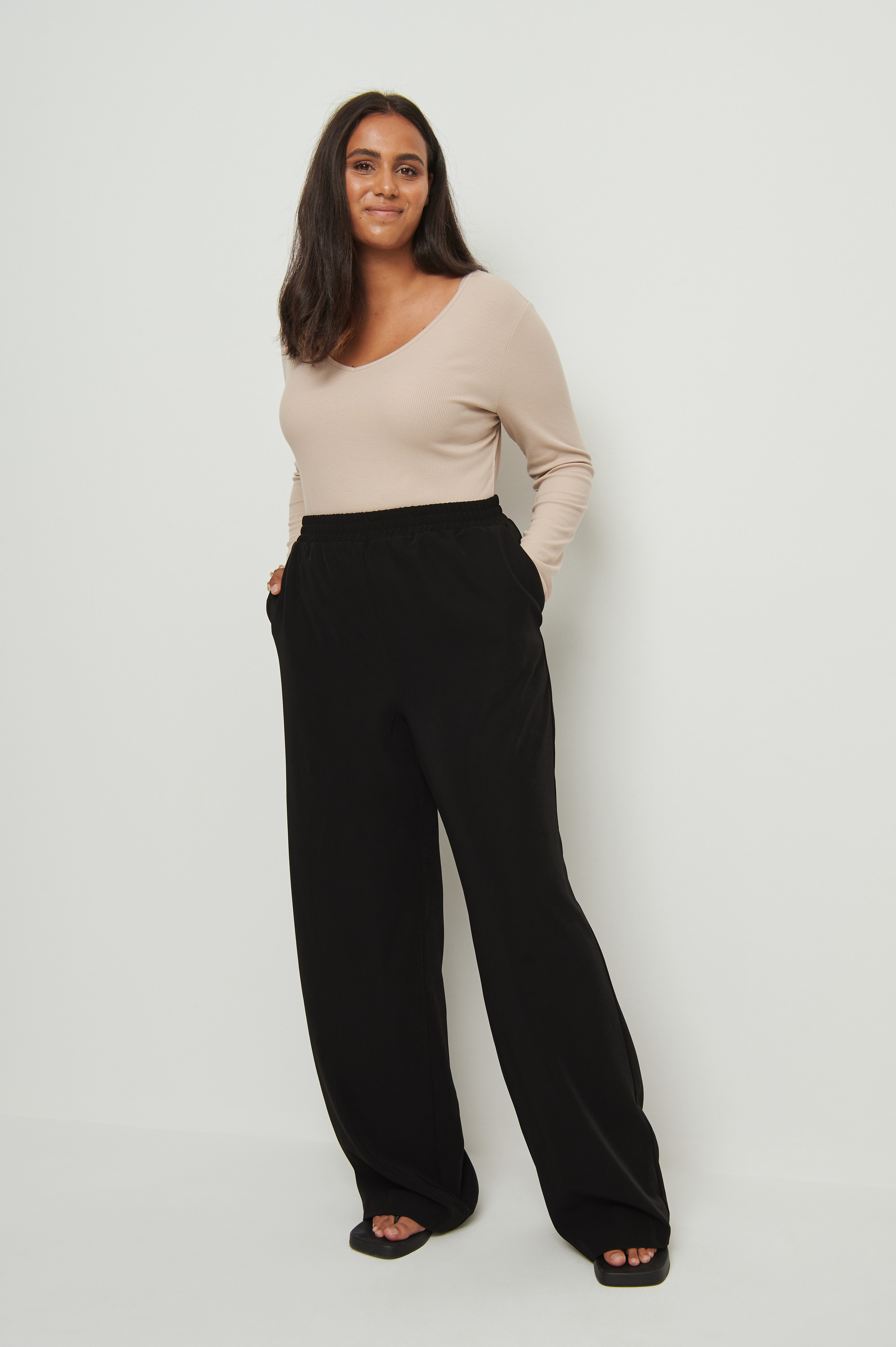 Soft Ribbed Wide Leg Pants Black | na 