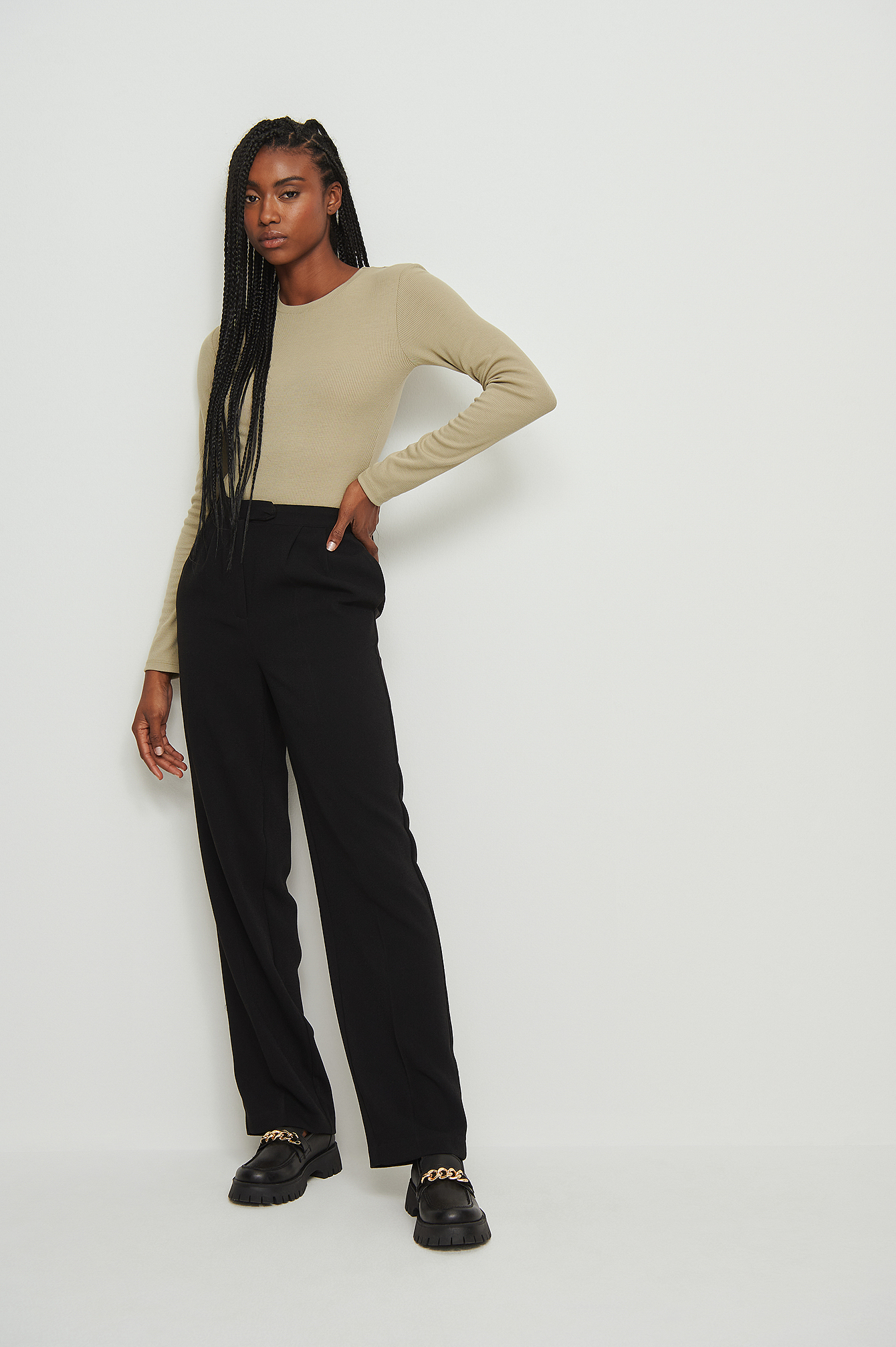 Recycled Round Neck Long Sleeved Ribbed Top Outfit