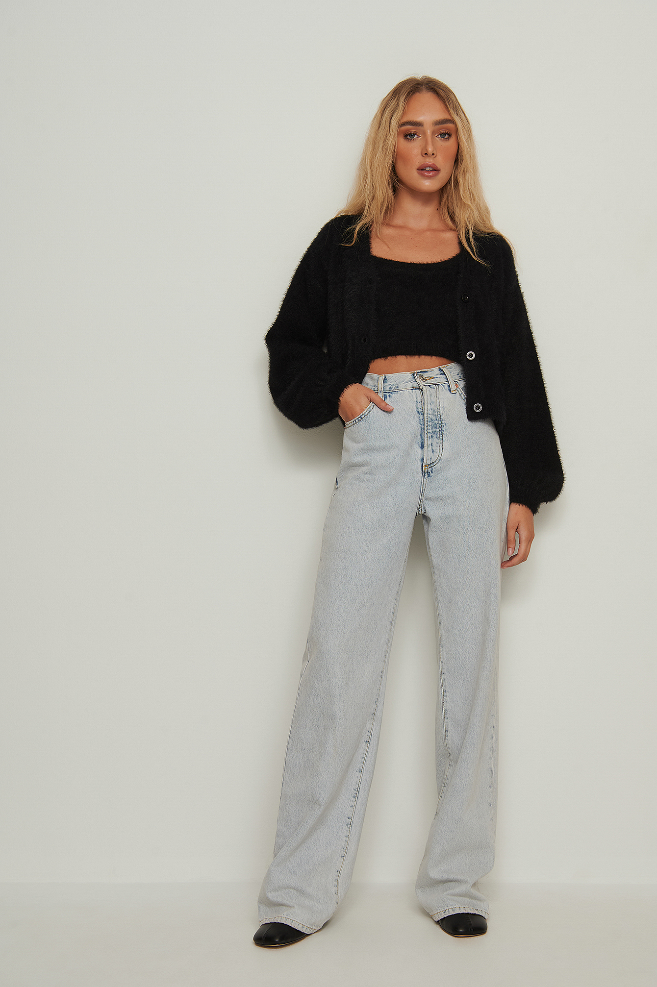 Black Fluffy Knitted Cropped Cardigan