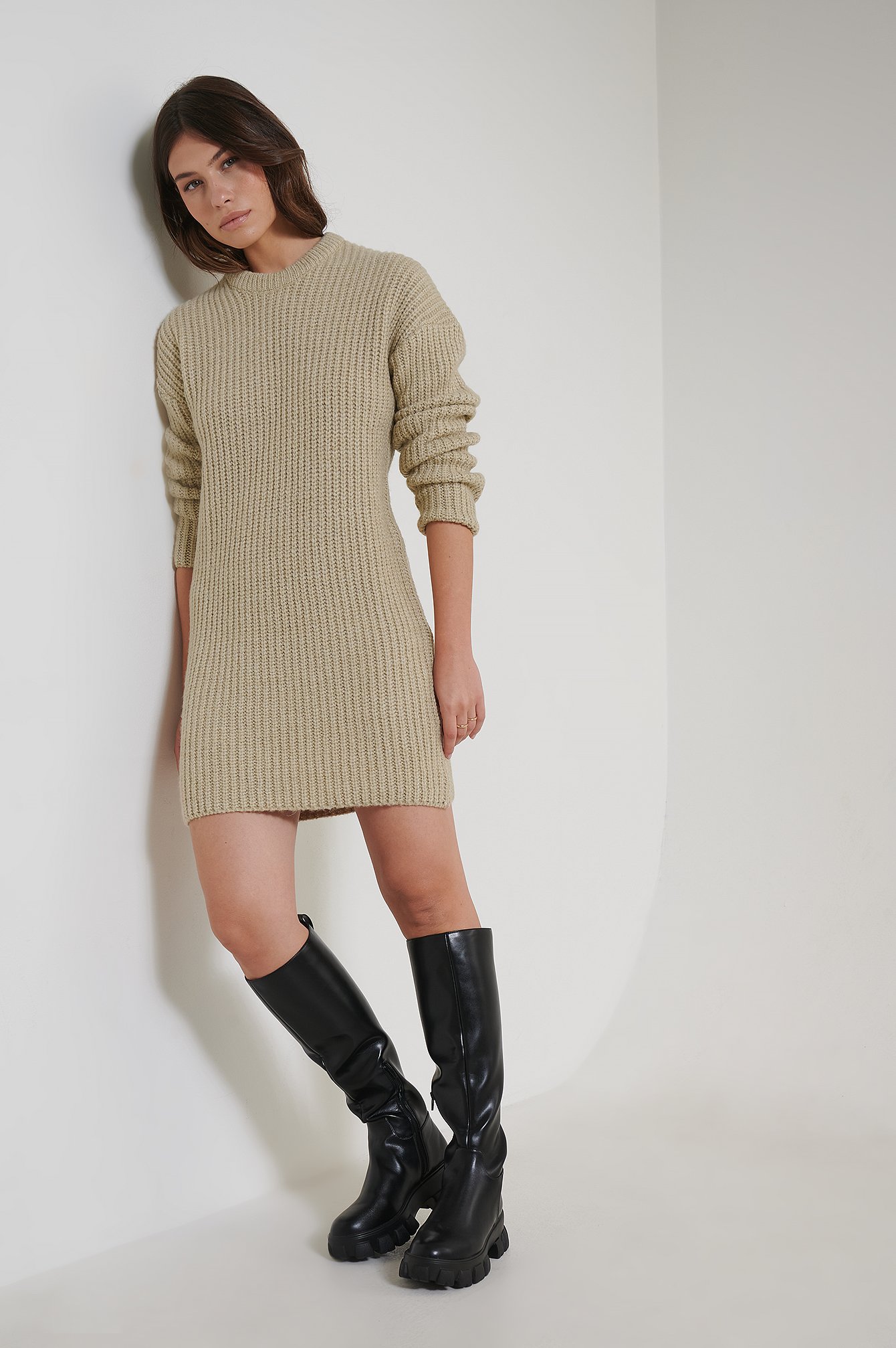 Feather grey Dropped Shoulder Knitted Dress