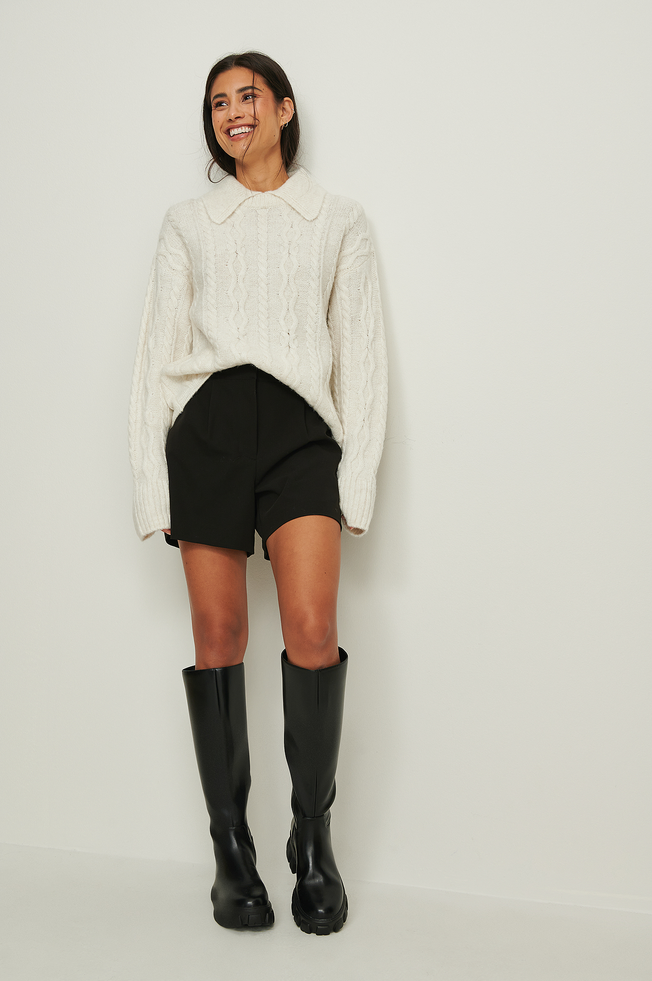 Collar Detail Cable Knitted Sweater Offwhite