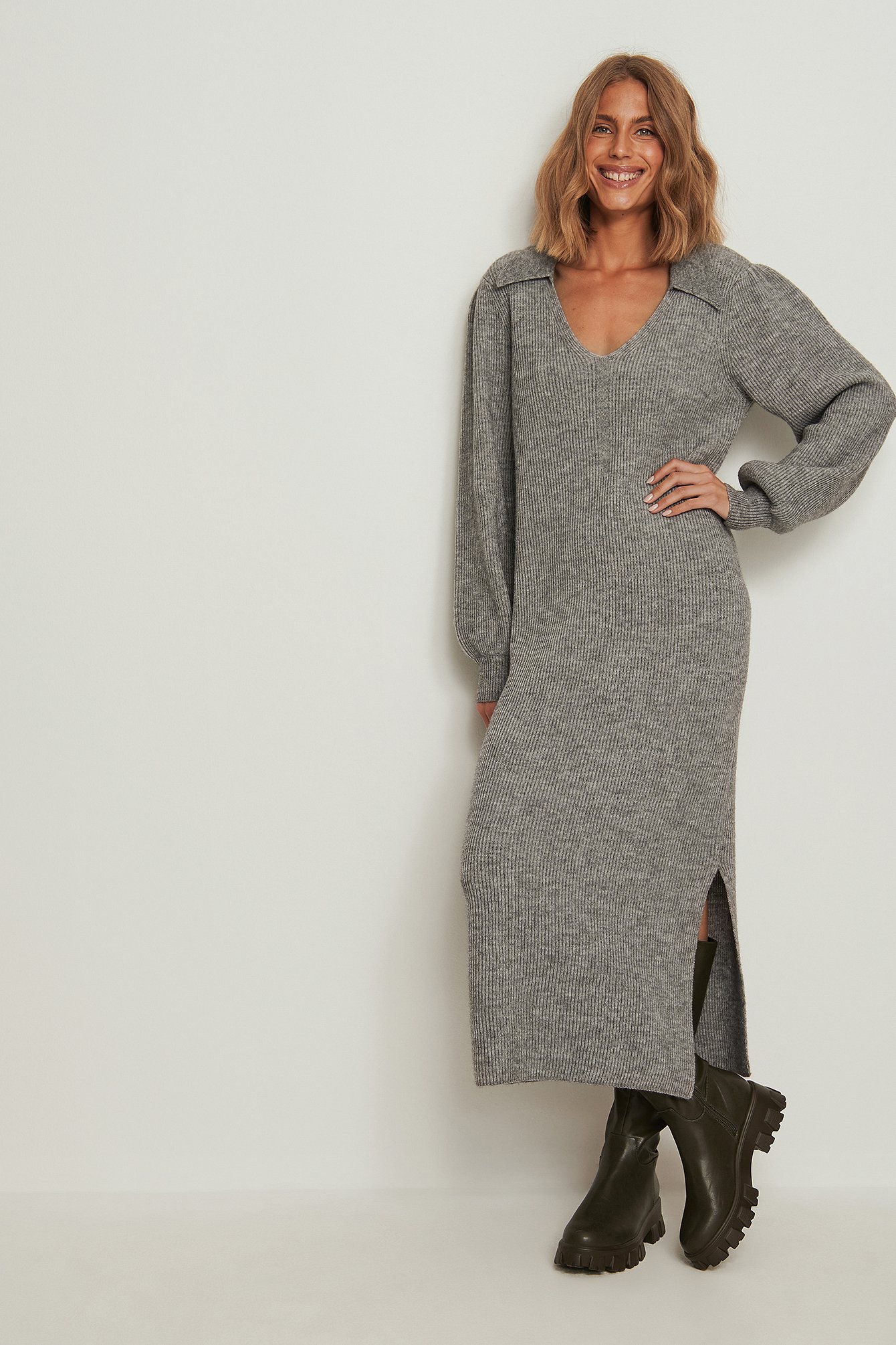Collar Long Knitted Dress Grey