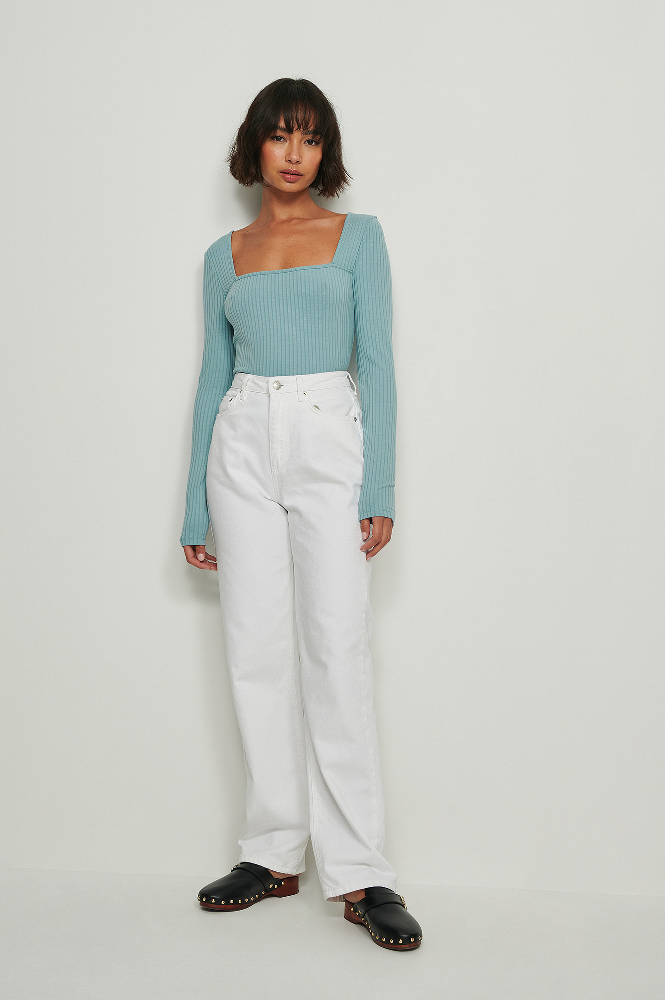 Square Neck Rib Long Sleeve Top Blue 