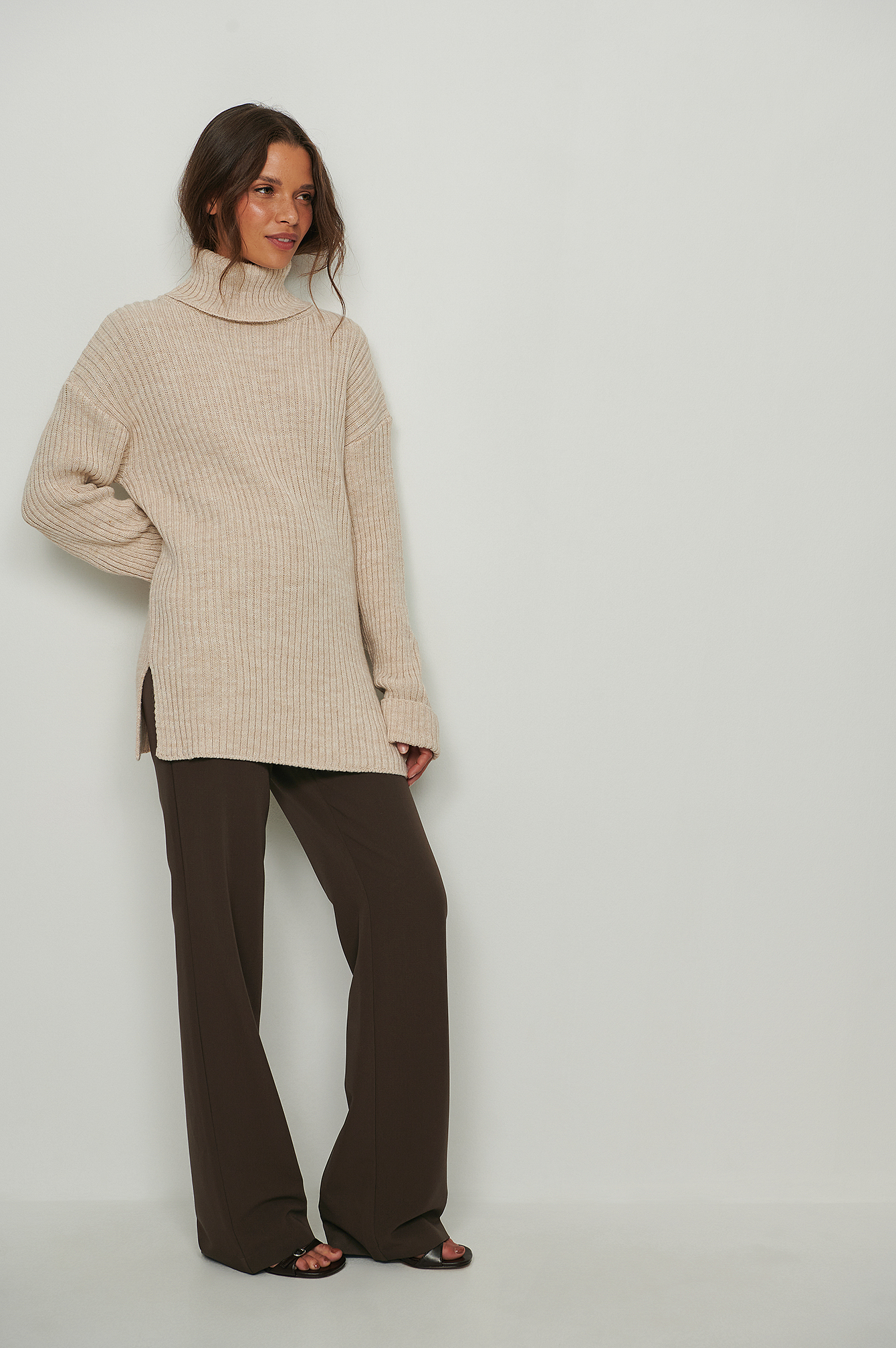 Ribbed Knitted Turtleneck Side Slit Sweater Outfit
