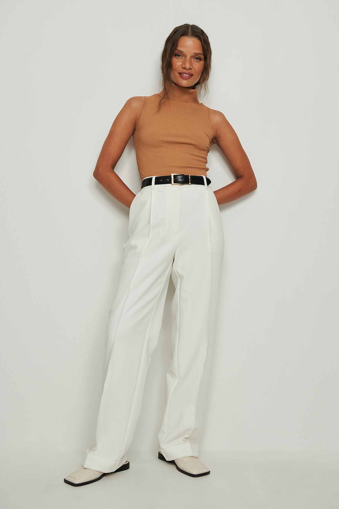 Roll Neck Sleeveless Top Beige | na-kd.com