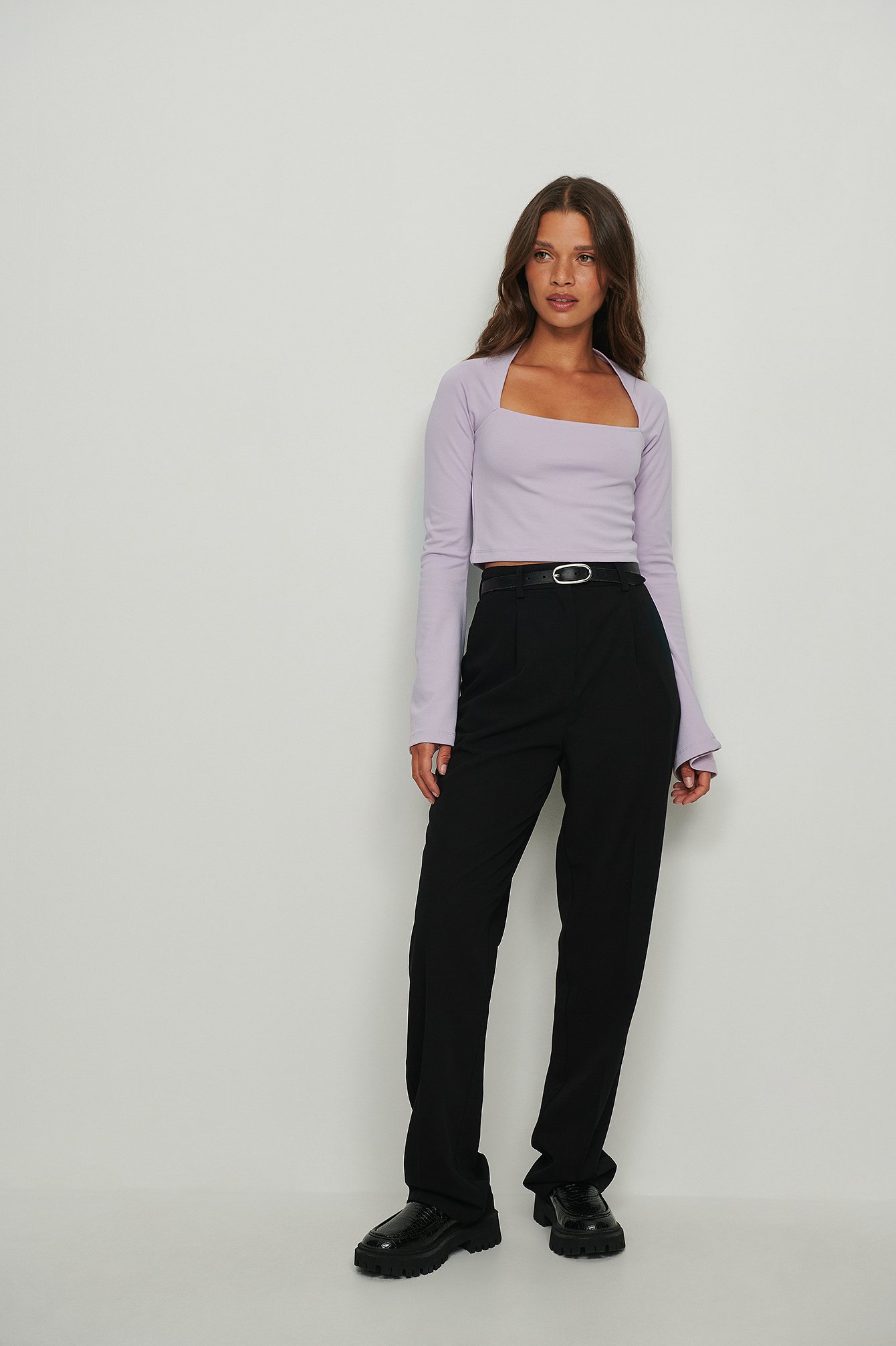Lilac Square Neck Trumpet Sleeve Top