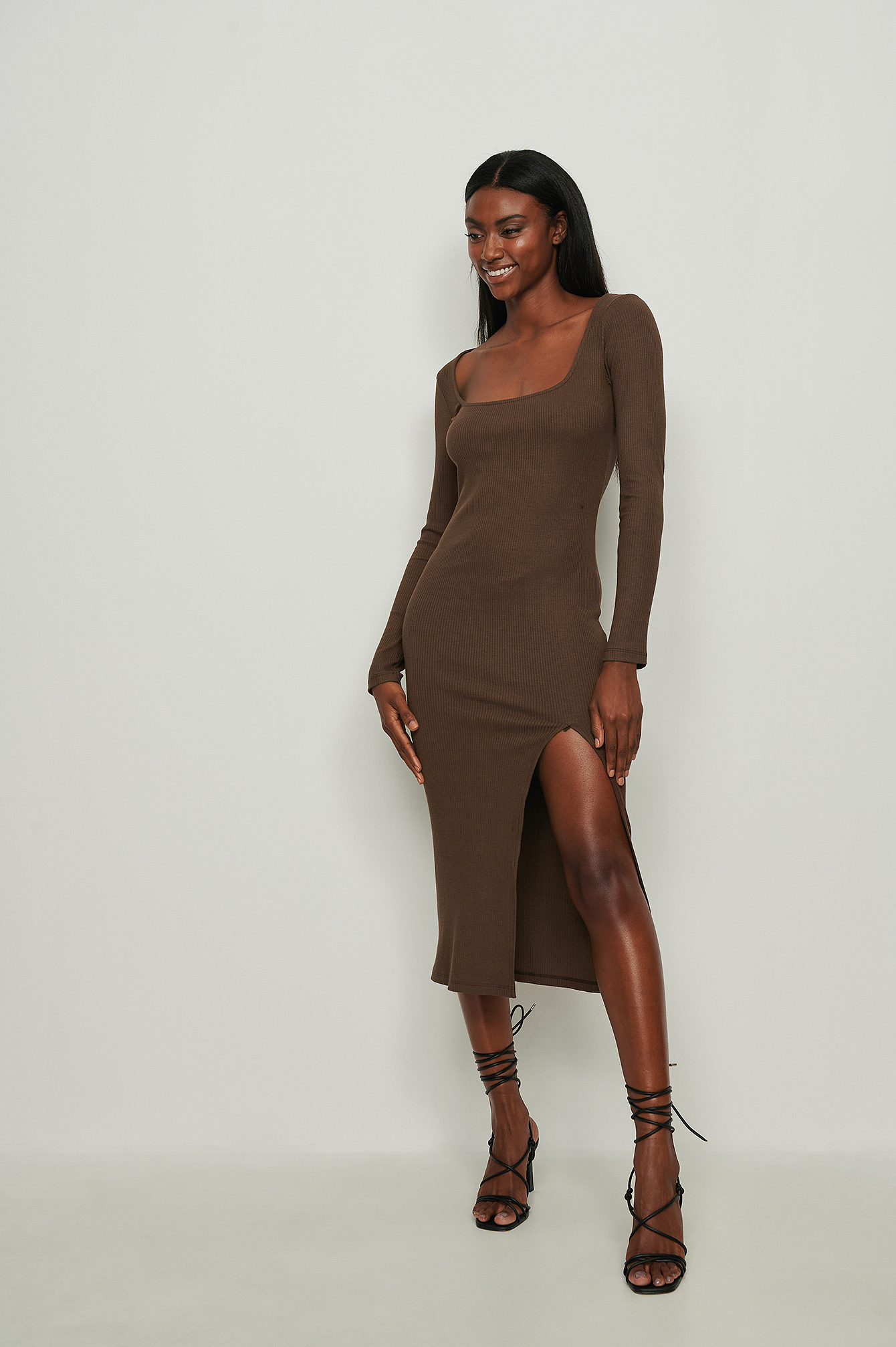 Square Neck Slit Rib Dress Brown | na 