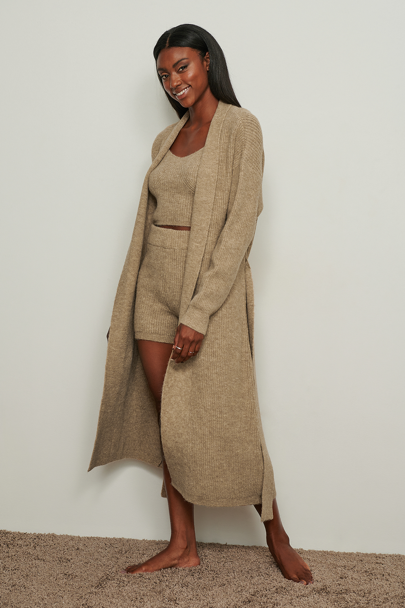 Long Knitted Wrap Ribbed Cardigan Beige 