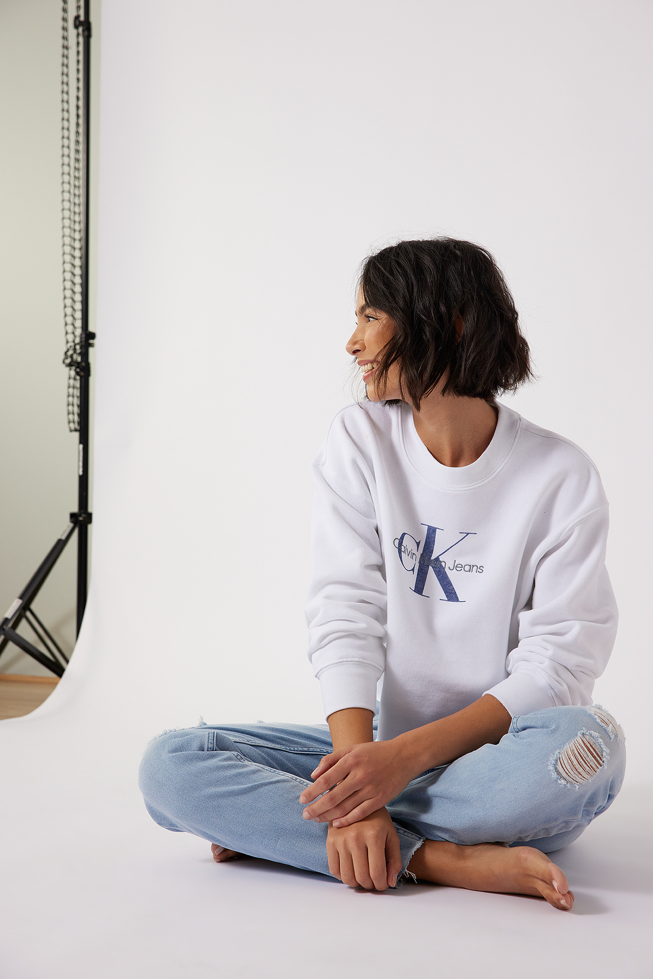 Organic Cropped Crew Neck Sweater White 