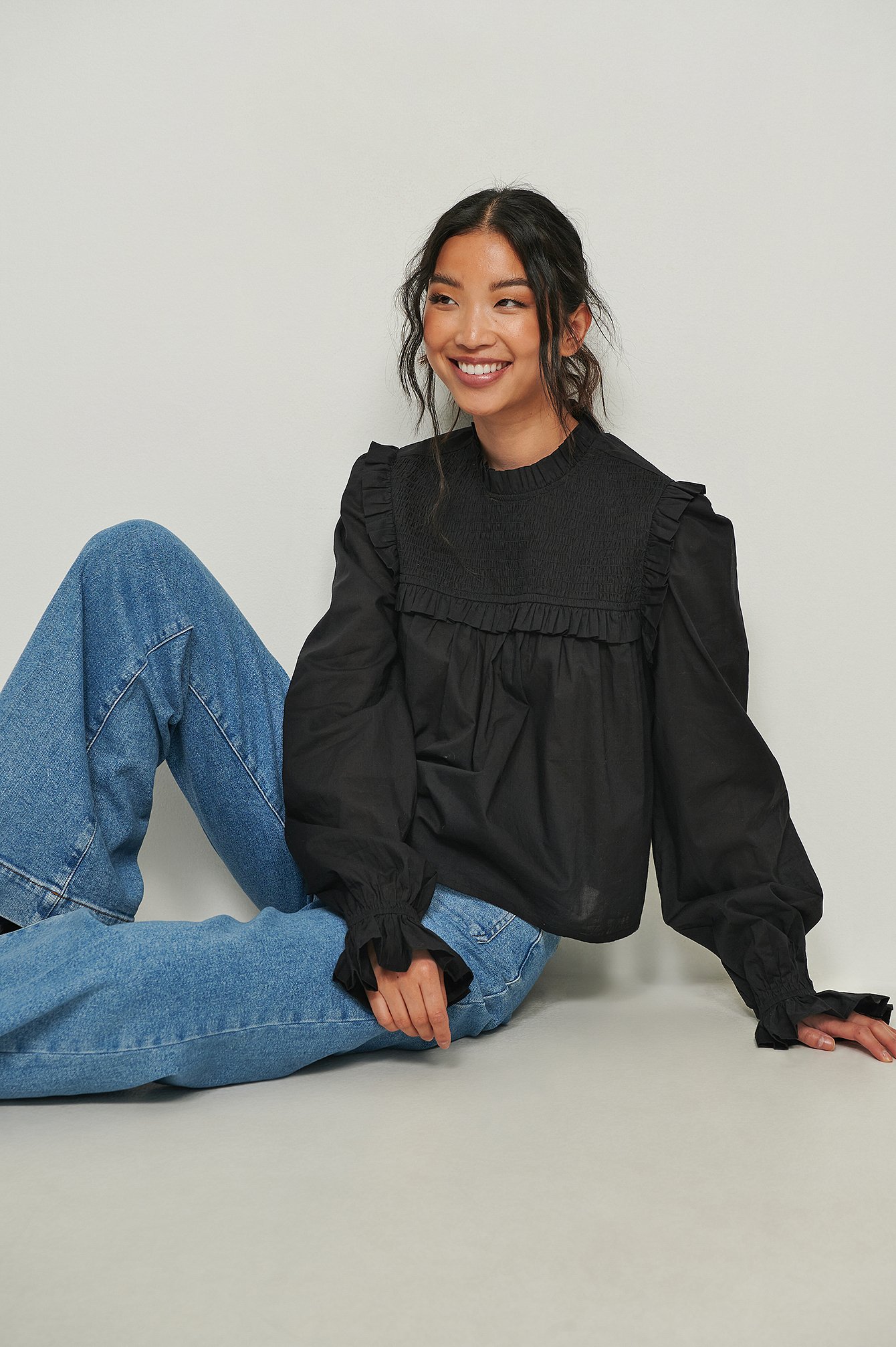 Black Recycled Structured LS Frill Blouse