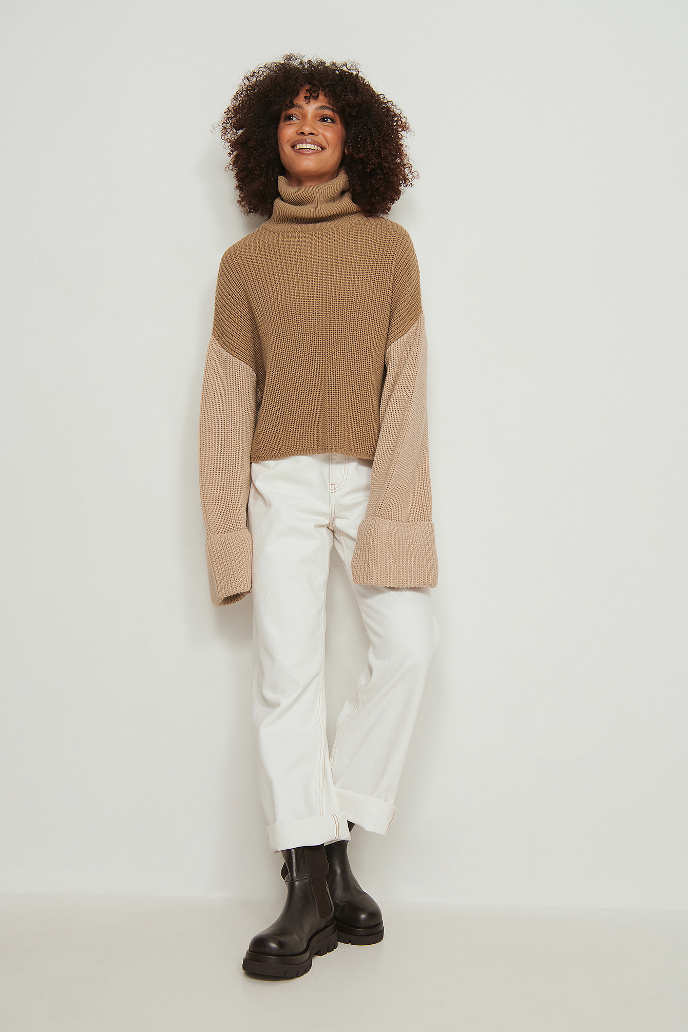 High Neck Colour Block Knitted Sweater Outfit