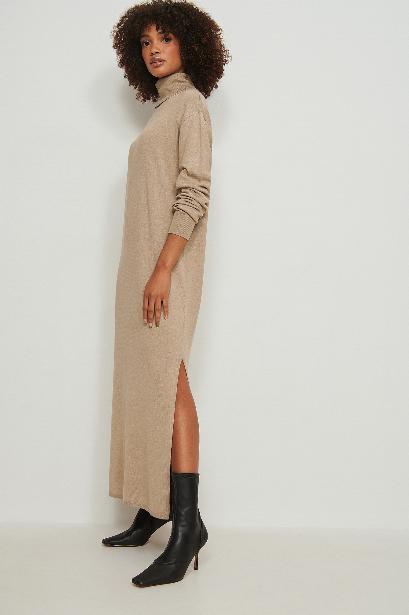 Long High Neck Knitted Slit Dress Beige 