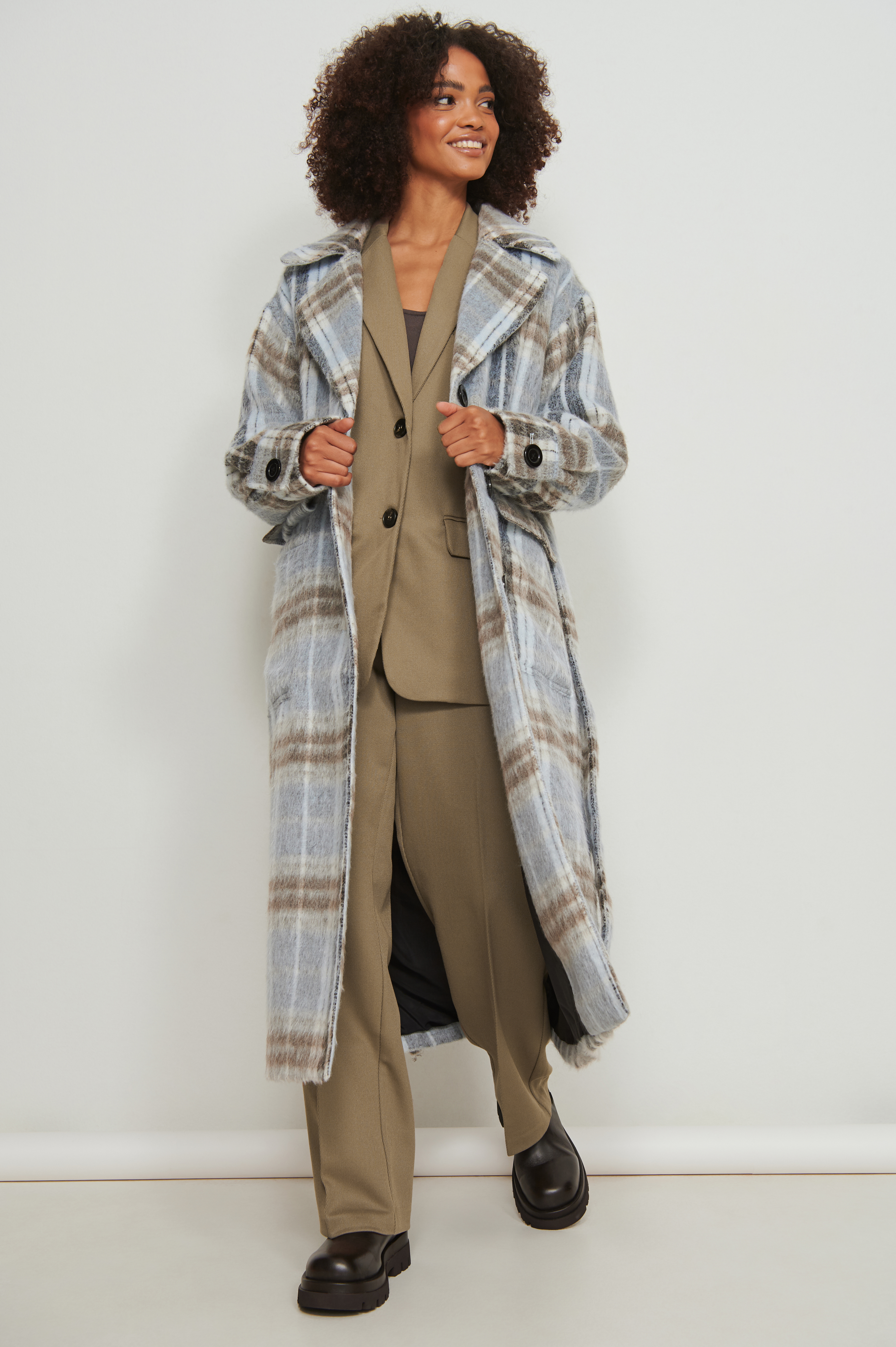 Blue Checked Oversized Belted Coat Outfit