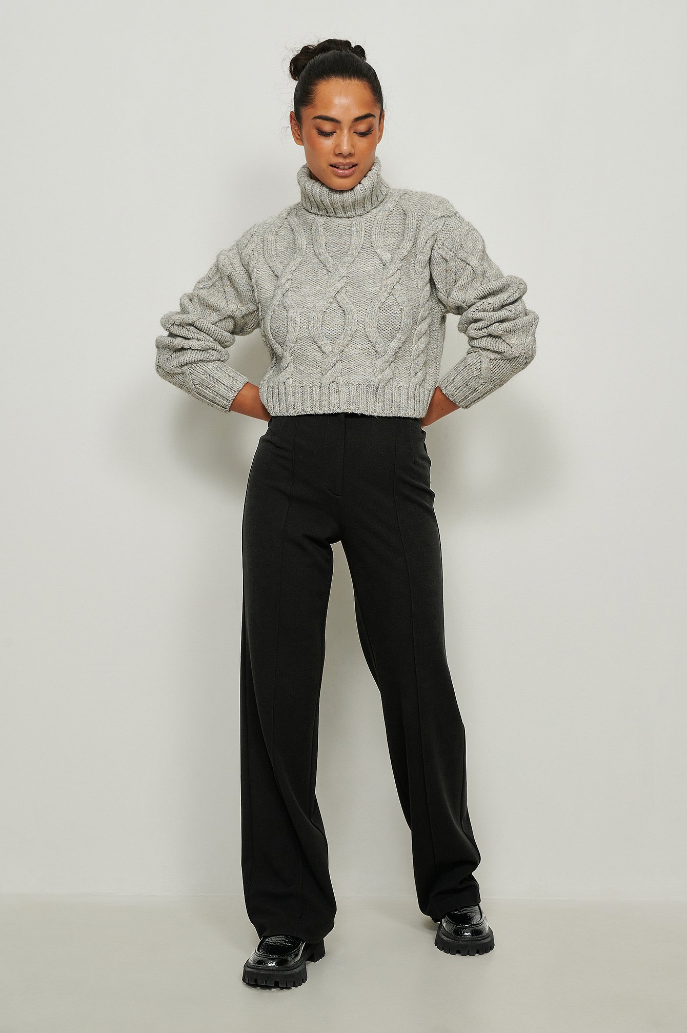 Knitted High Neck Cable Sweater Outfit
