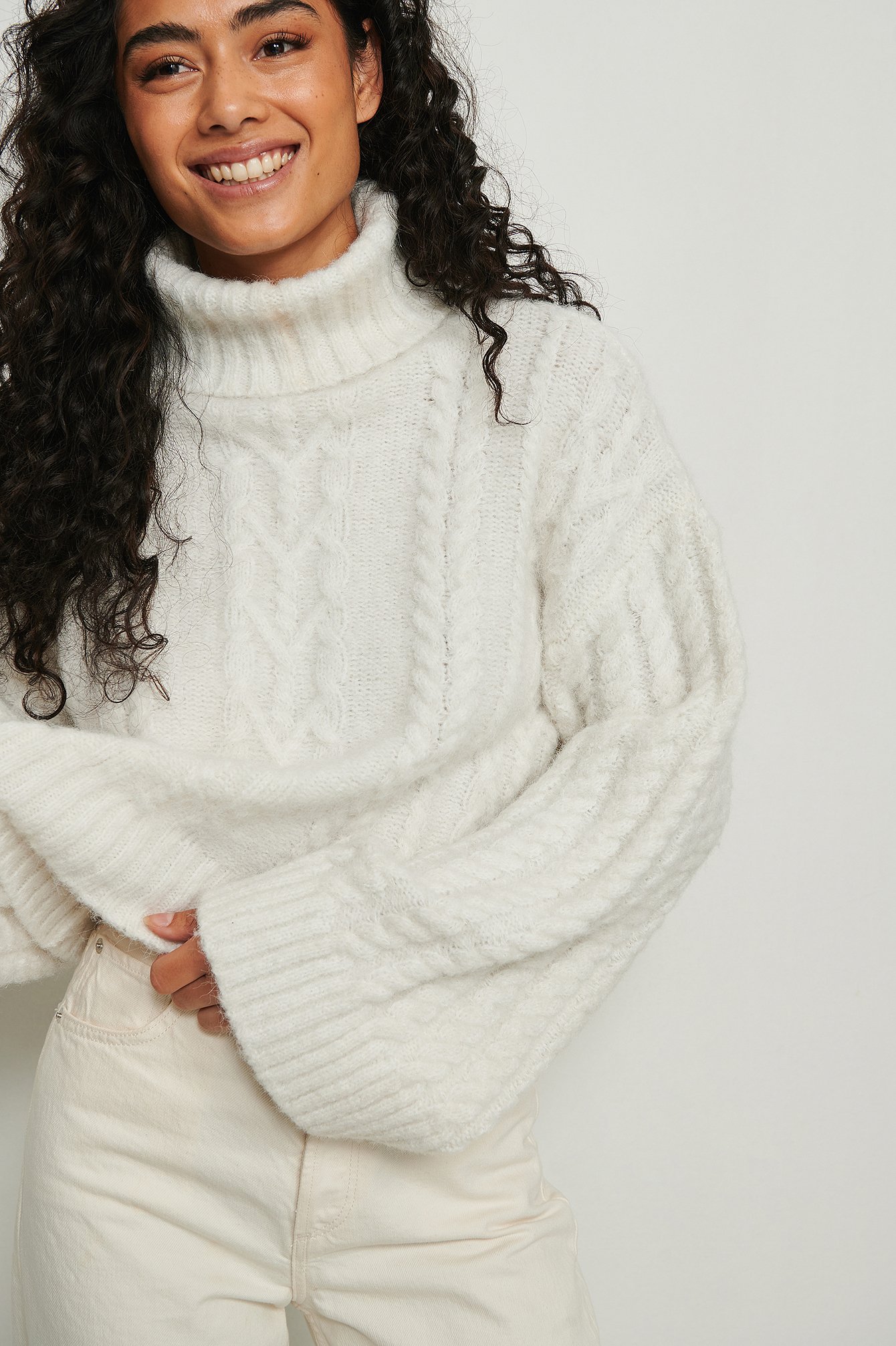 Boxy Cable Knit High Neck Sweater Outfit.