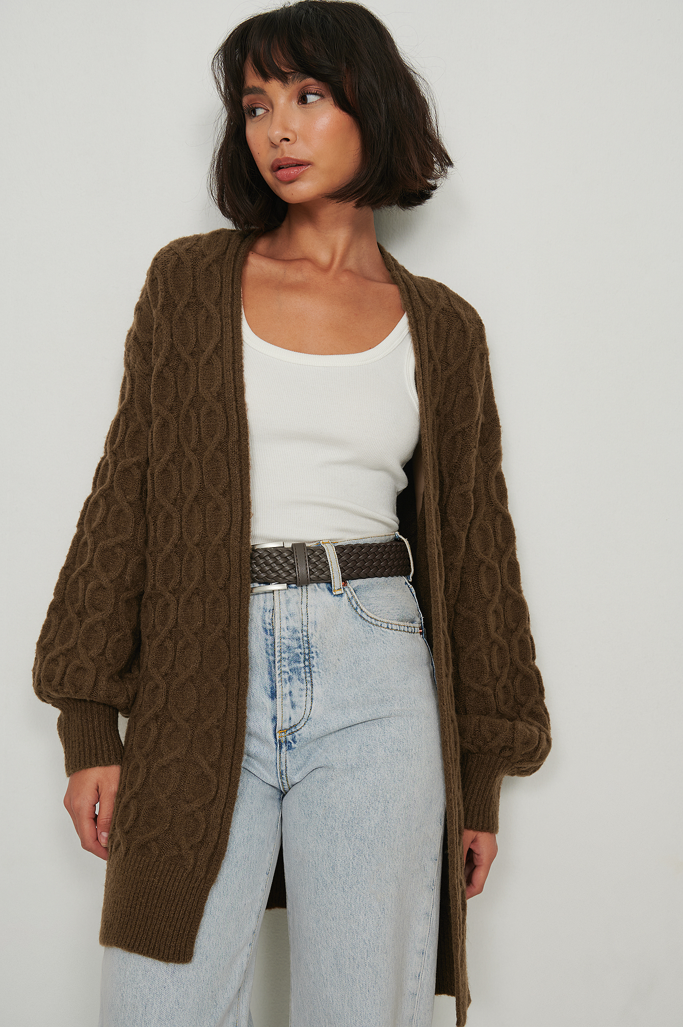 Oversized Cable Knitted Cardigan Brown 