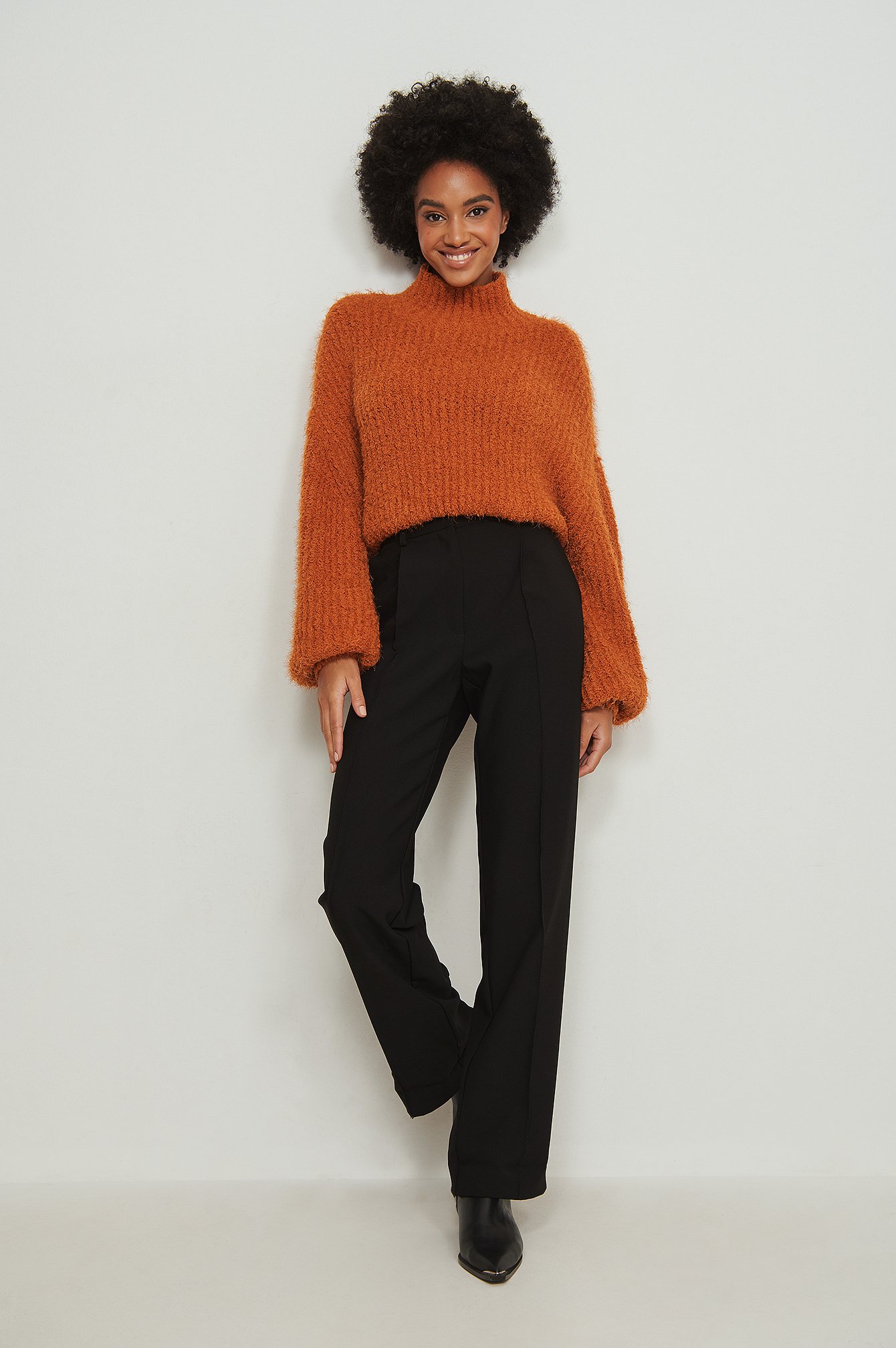 Fluffy Knitted Turtleneck Sweater Outfit.