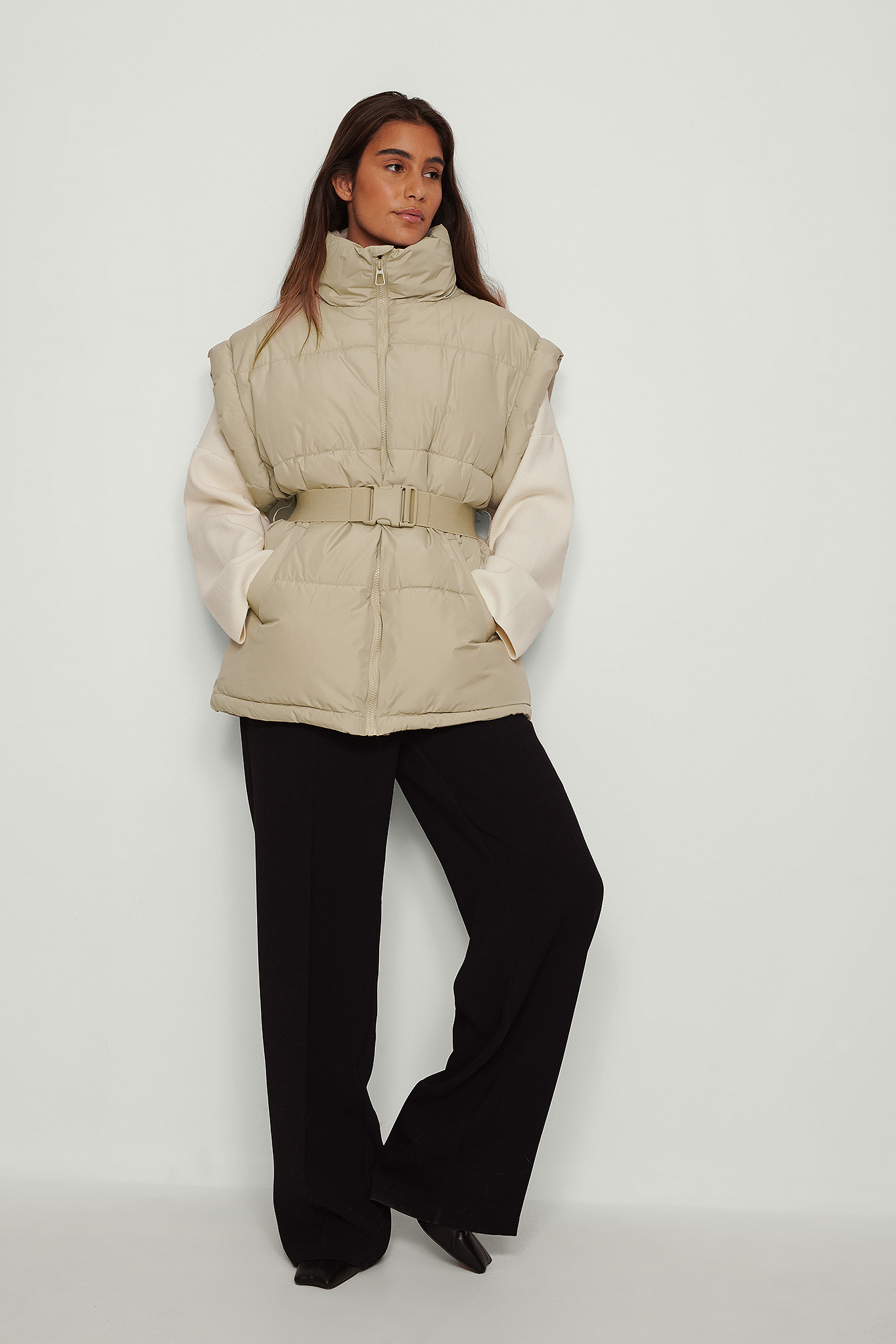 Recycled Belted Padded Vest Outfit.