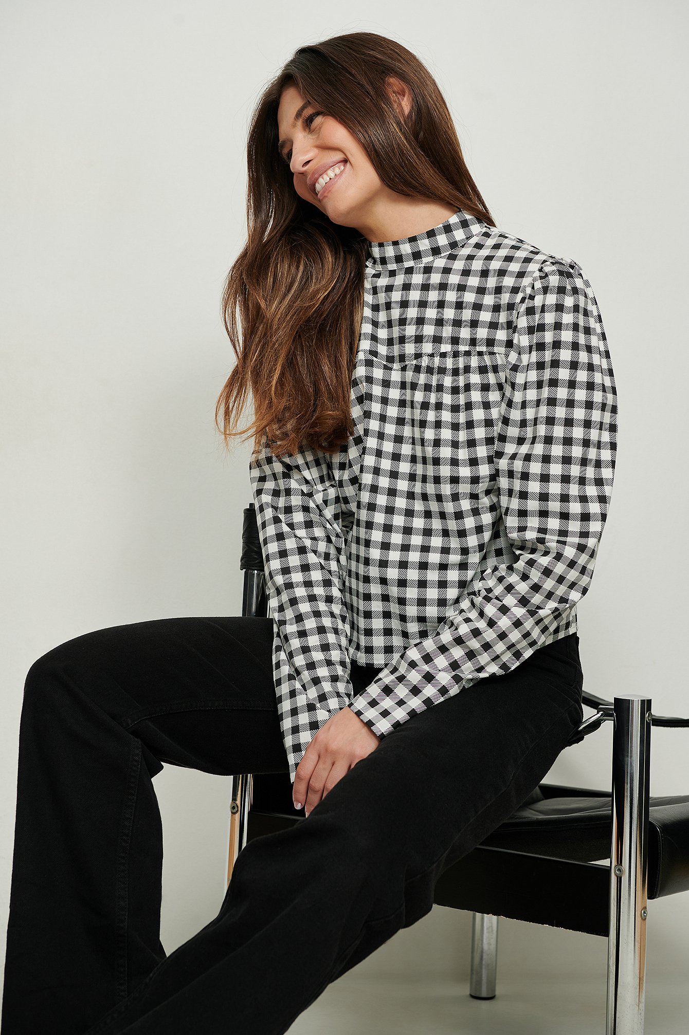 Checked High Neck Blouse Outfit.