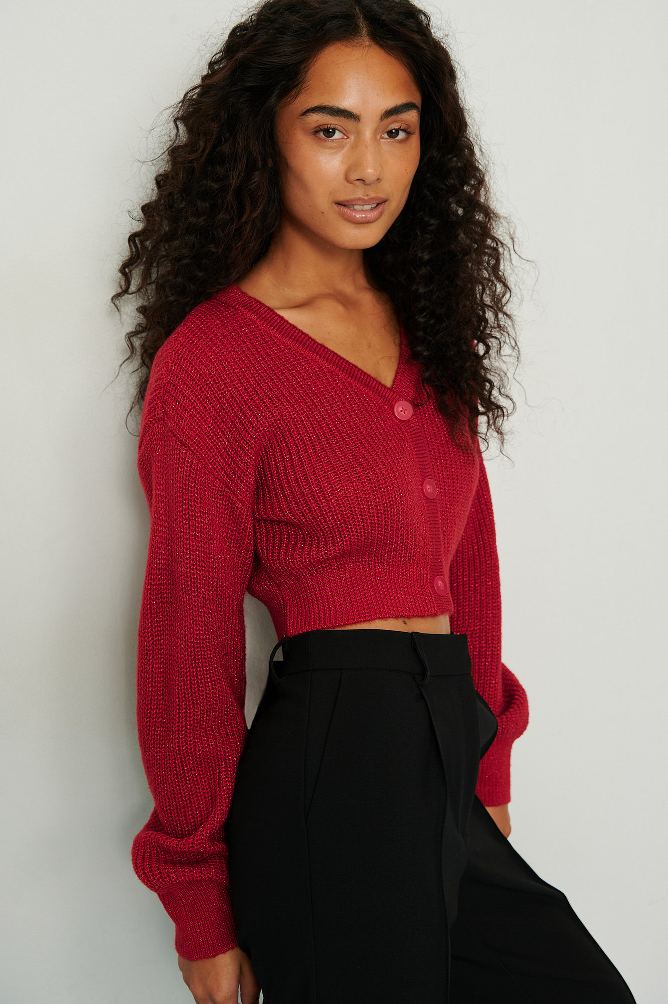 Cropped Knitted Lurex Cardigan Outfit.
