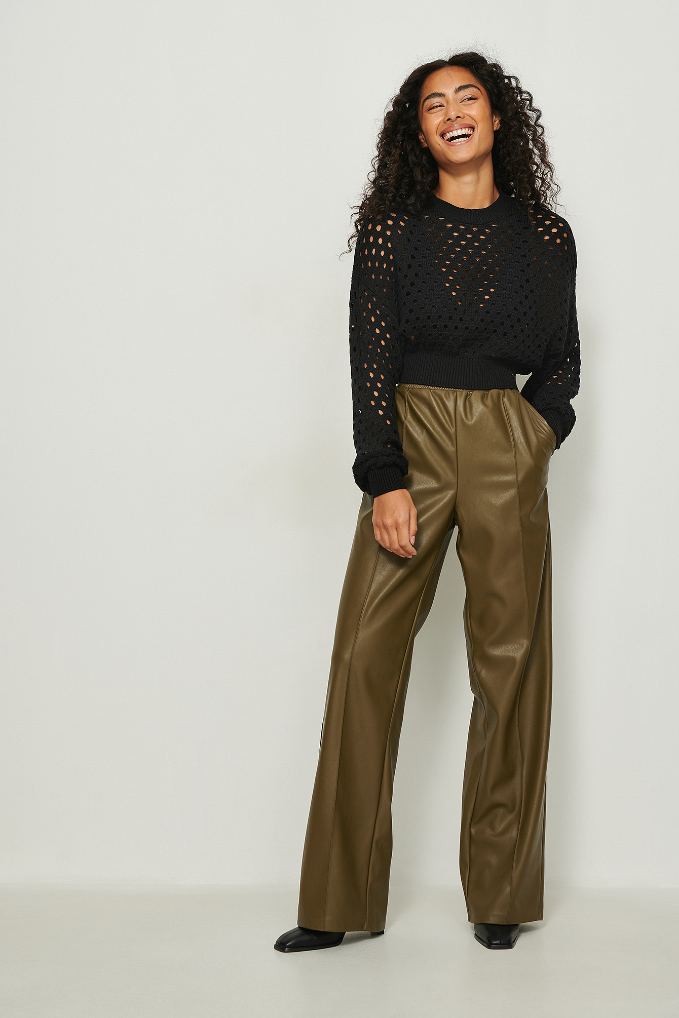 Hole Knitted Round Neck Sweater Black 
