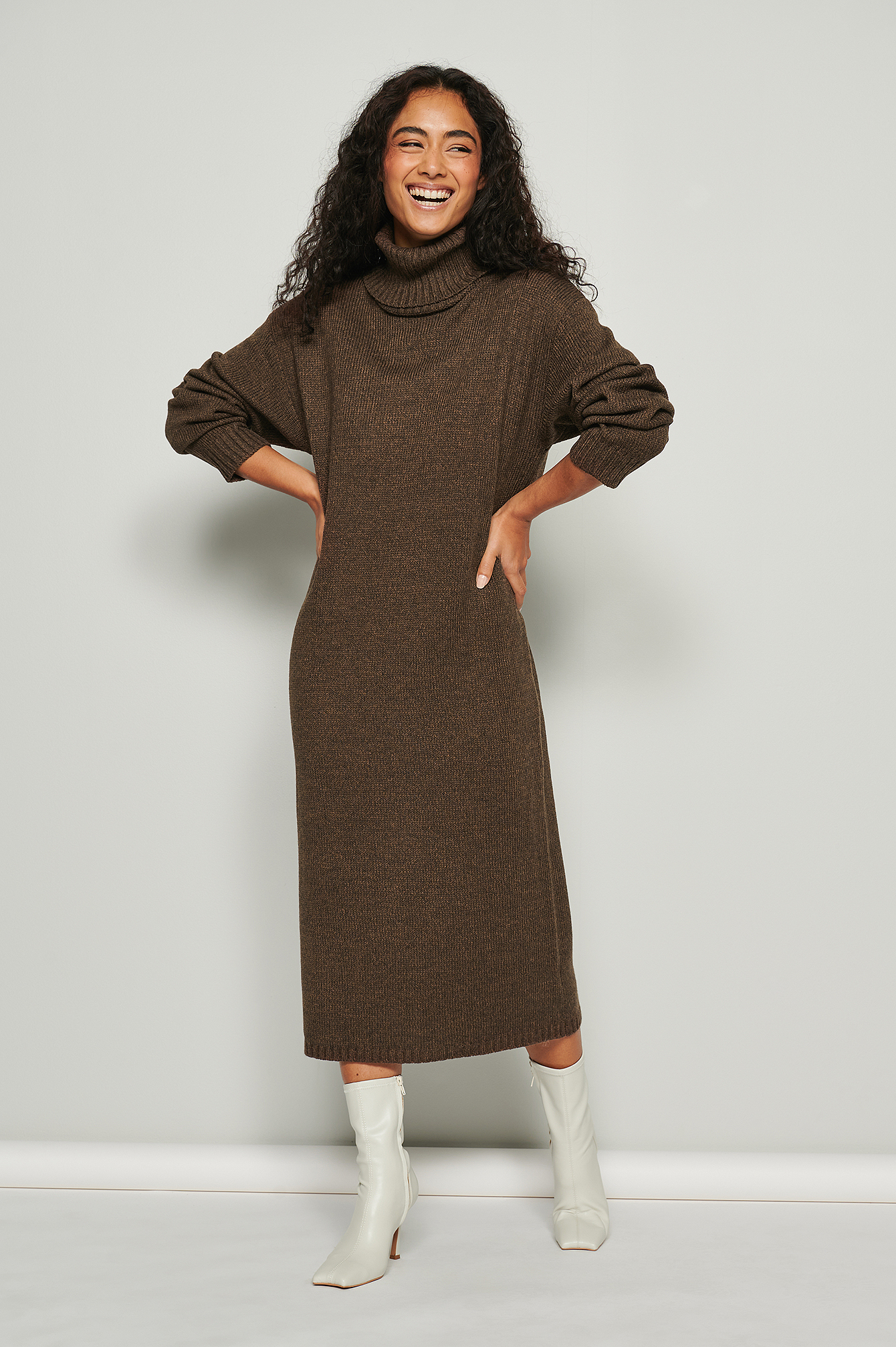 Melange High Neck Knitted Long Sleeve Midi Dress Outfit.