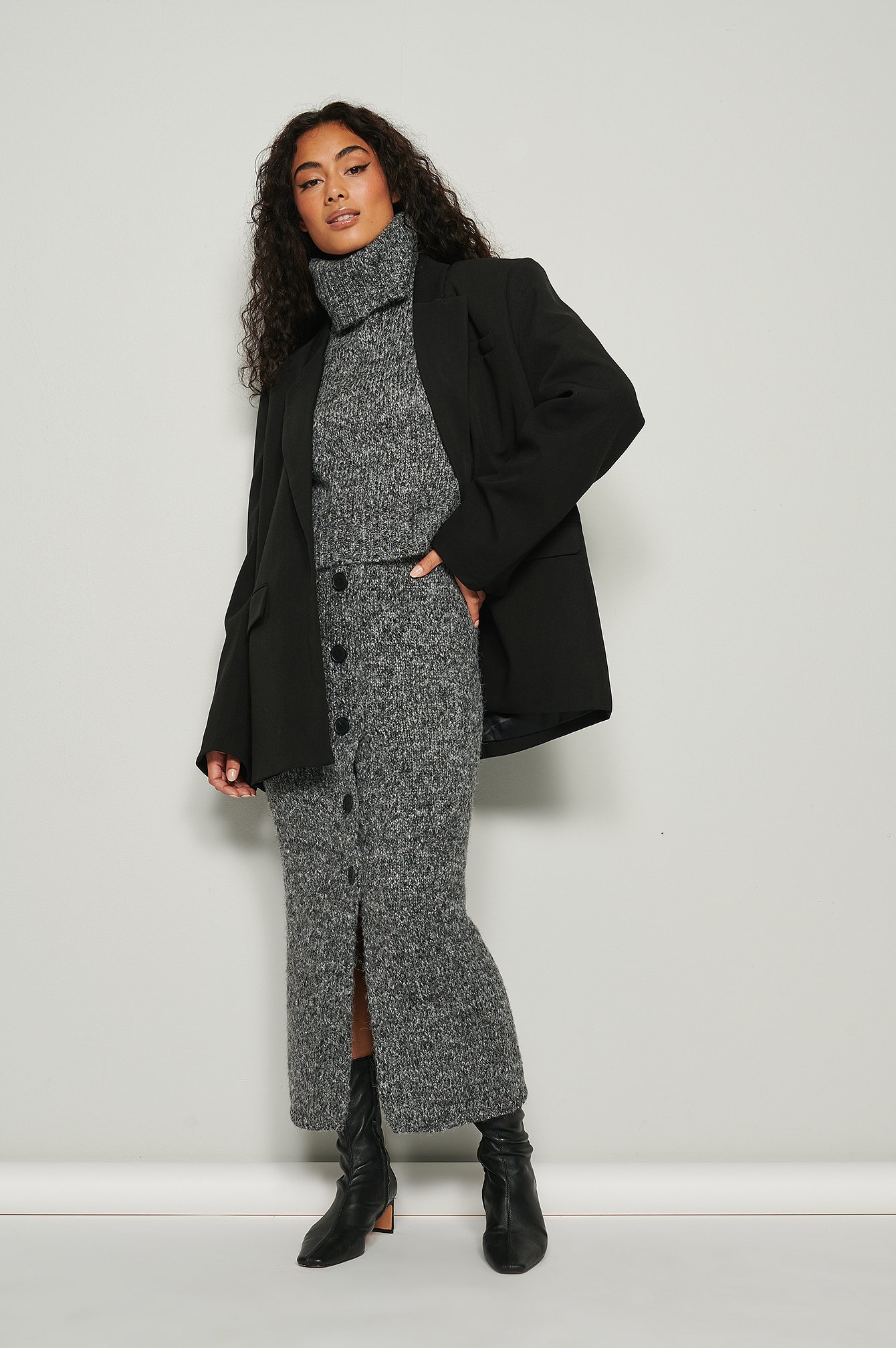 Black Melange Knitted Melange Button Detailed Skirt
