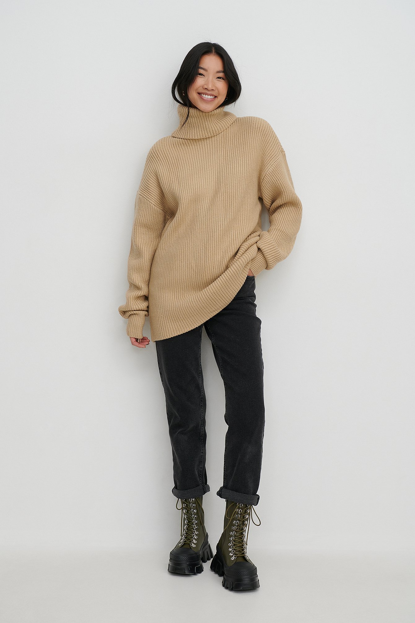 Beige High Neck Ribbed Sweater