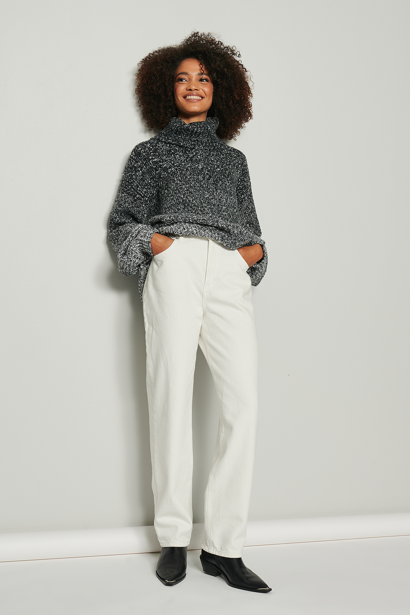 Knitted Turtle Neck Oversized Mix Yarn Sweater Outfit.