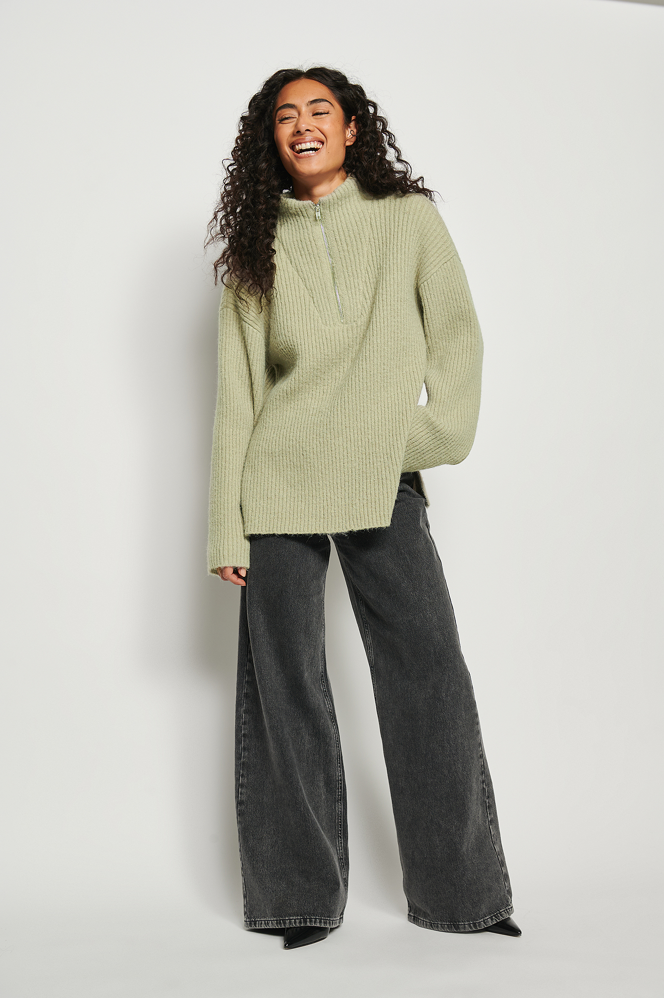 Half Zip Ribbed Knitted Sweater Outfit.