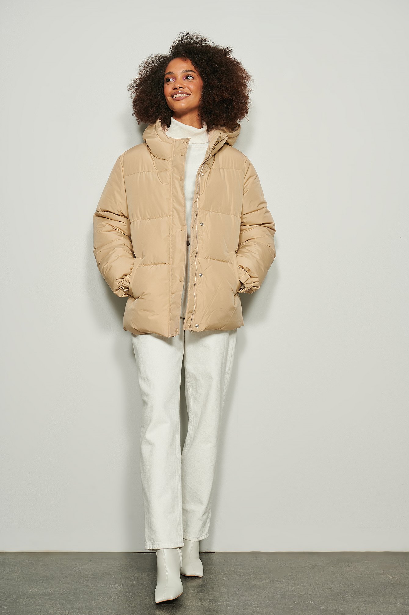 Light Beige Recycled Belted Padded Jacket