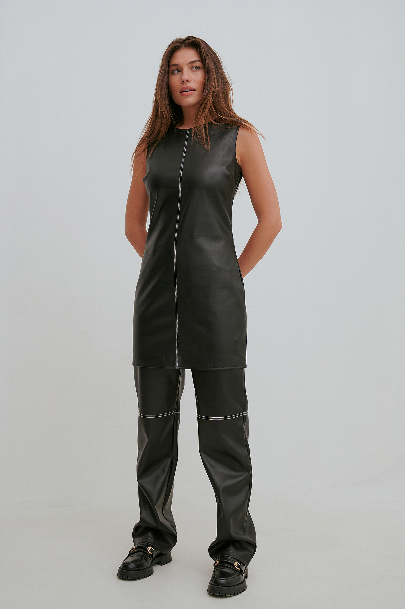 Contrast Stitch PU Mini Dress Black