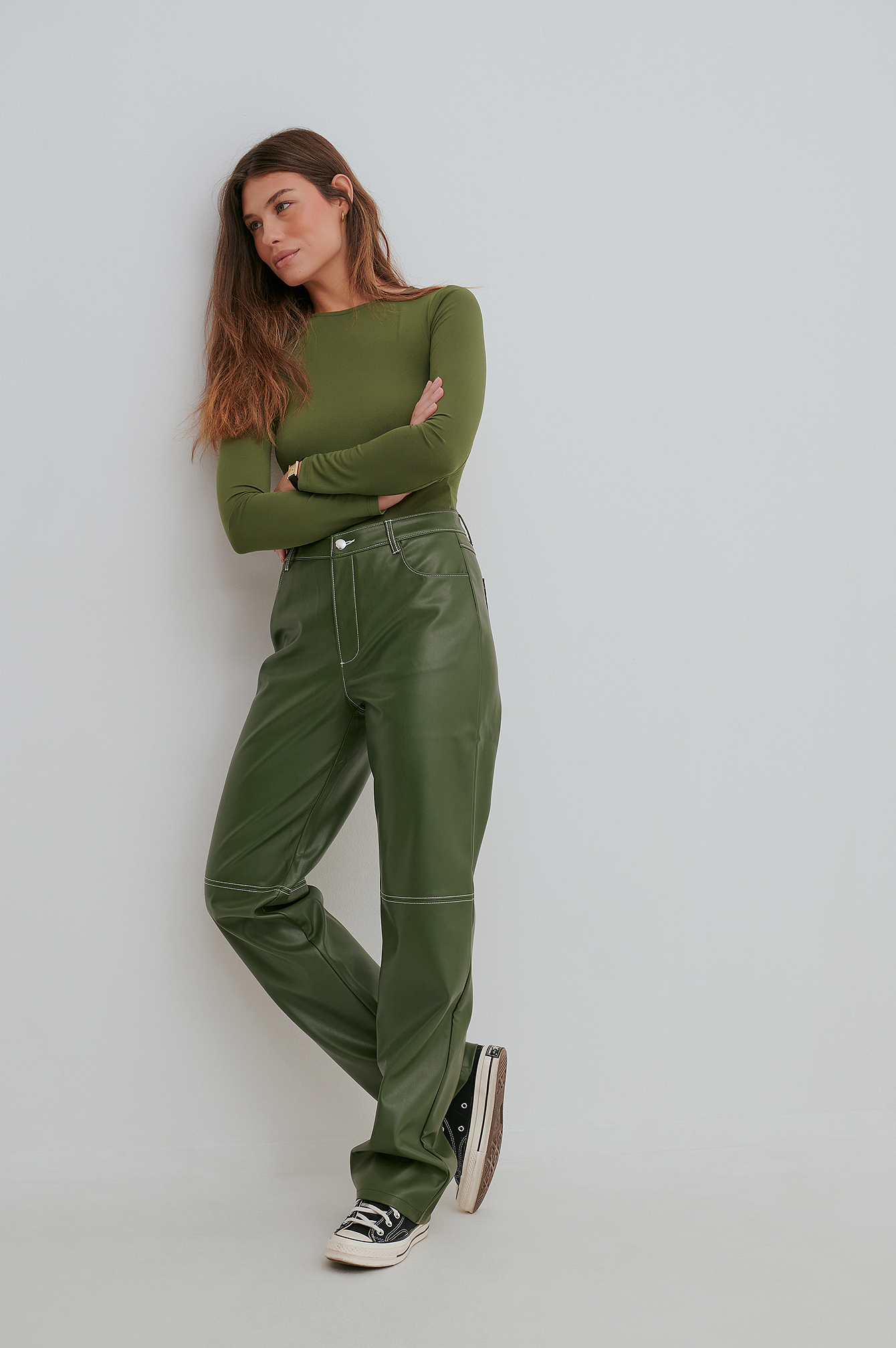 Recycled Contrast Stitch PU Pants Green 