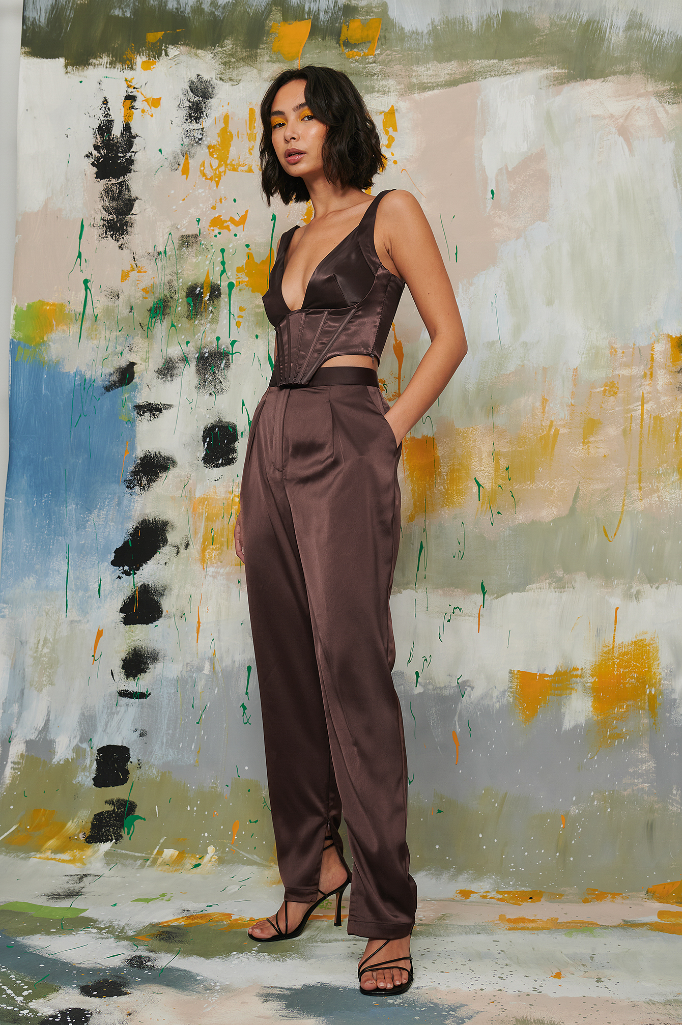 Recycled Satin Slit Zip Pants Brown 