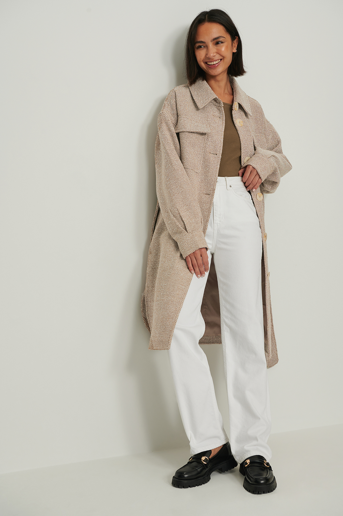 Chest Pocket Long Overshirt Outfit.
