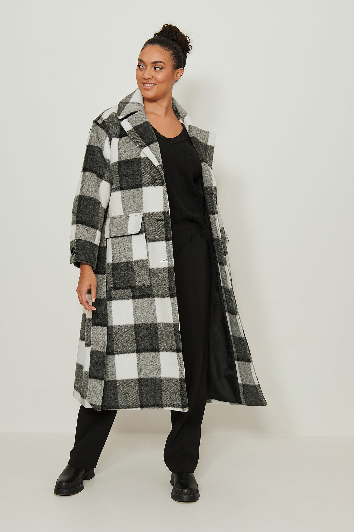 grey and white check coat