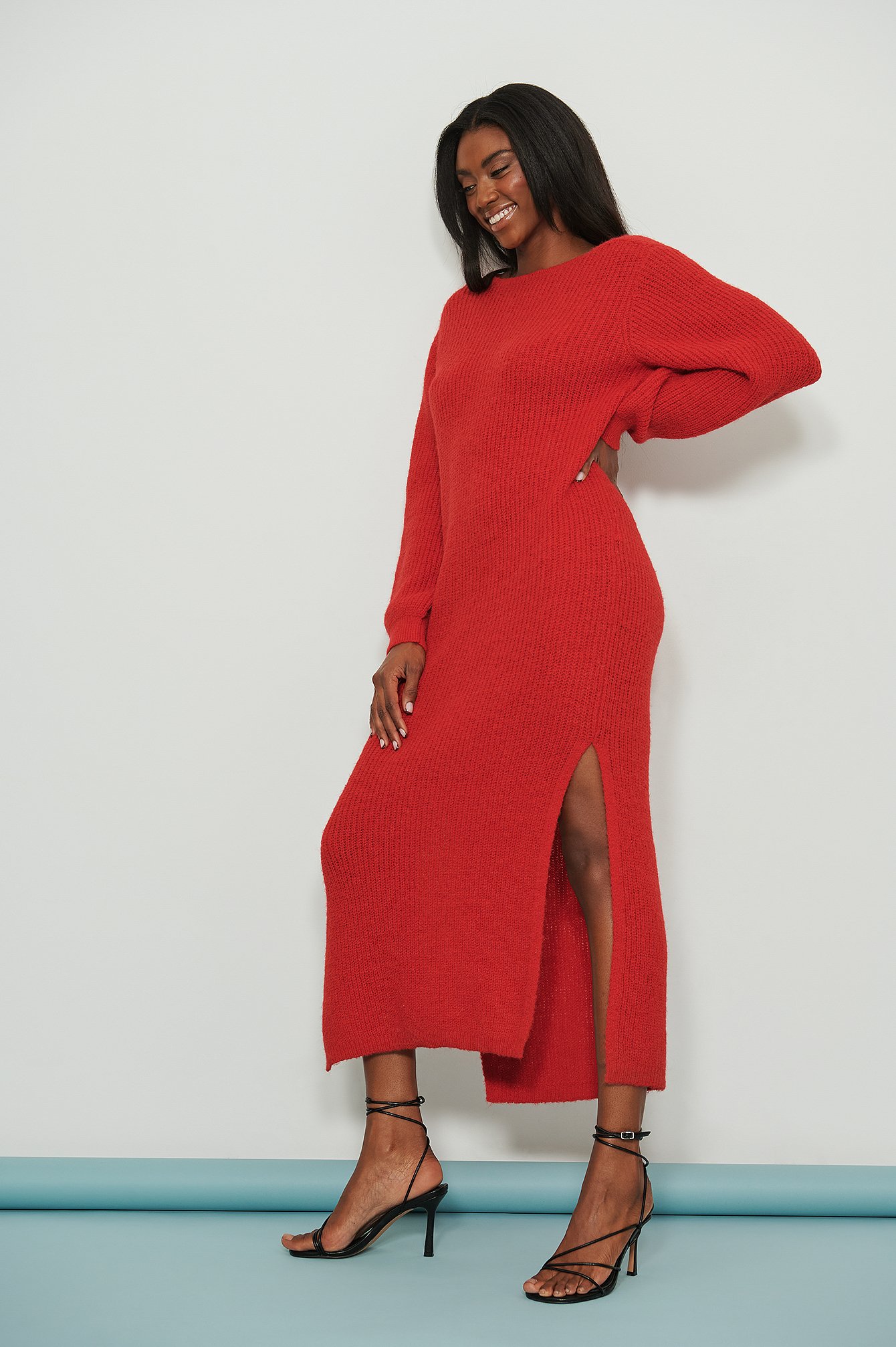 Knitted Open Back Wide Sleeve Slit Dress Outfit