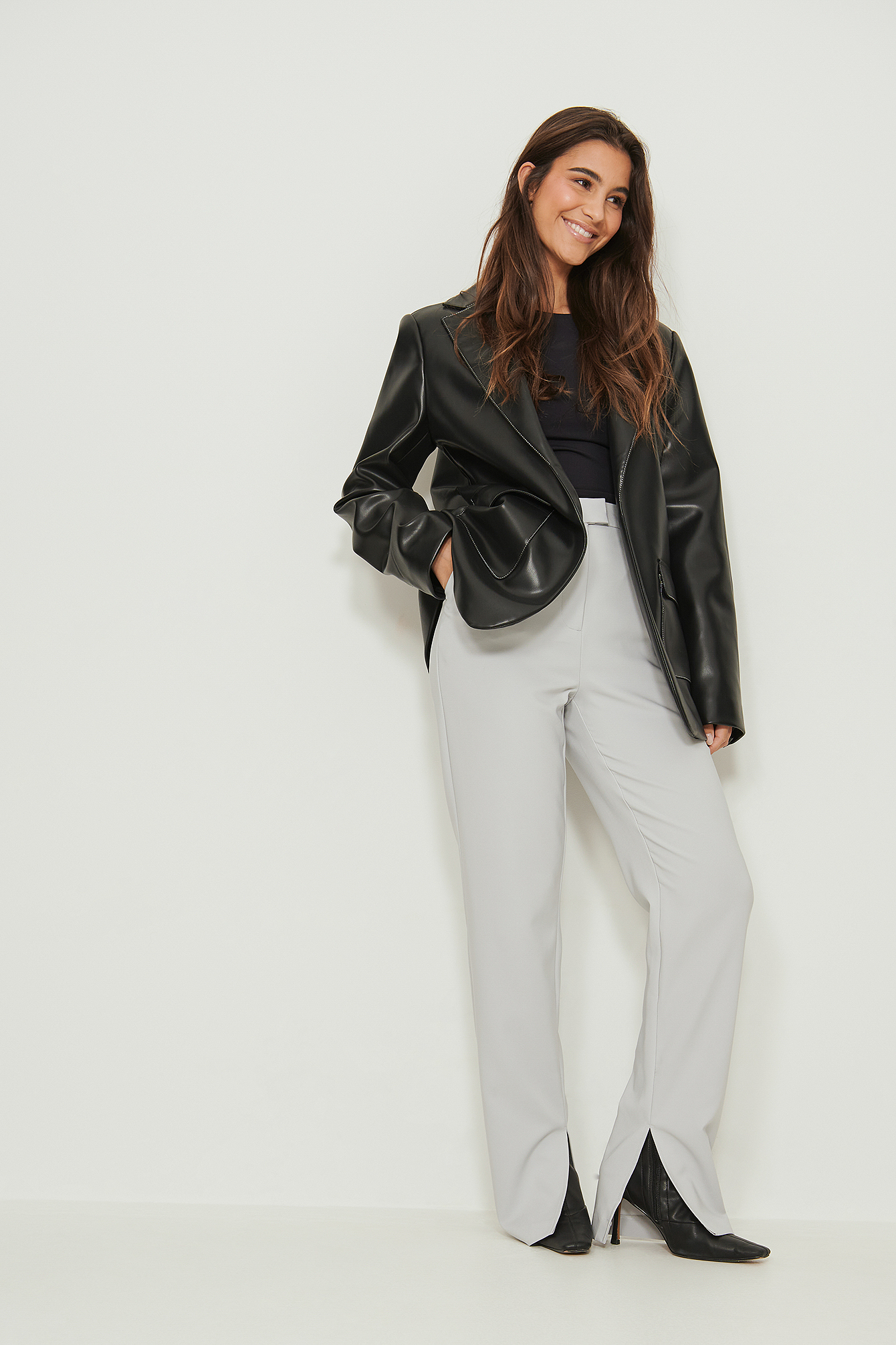 Full Size Ribbed Round Neck High-Low Slit Top and Pants Set