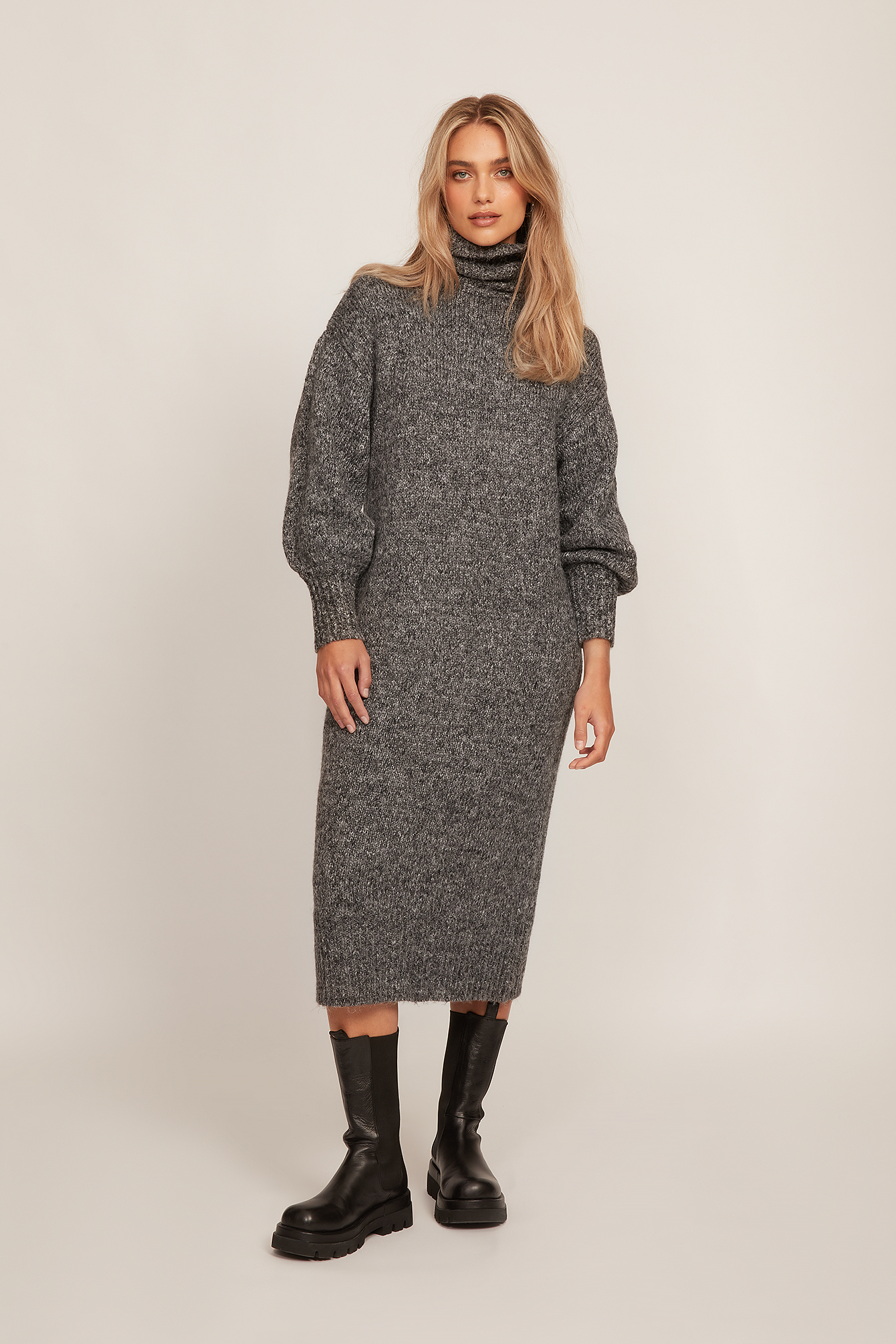 High Neck Oversized Knitted Dress Outfit.