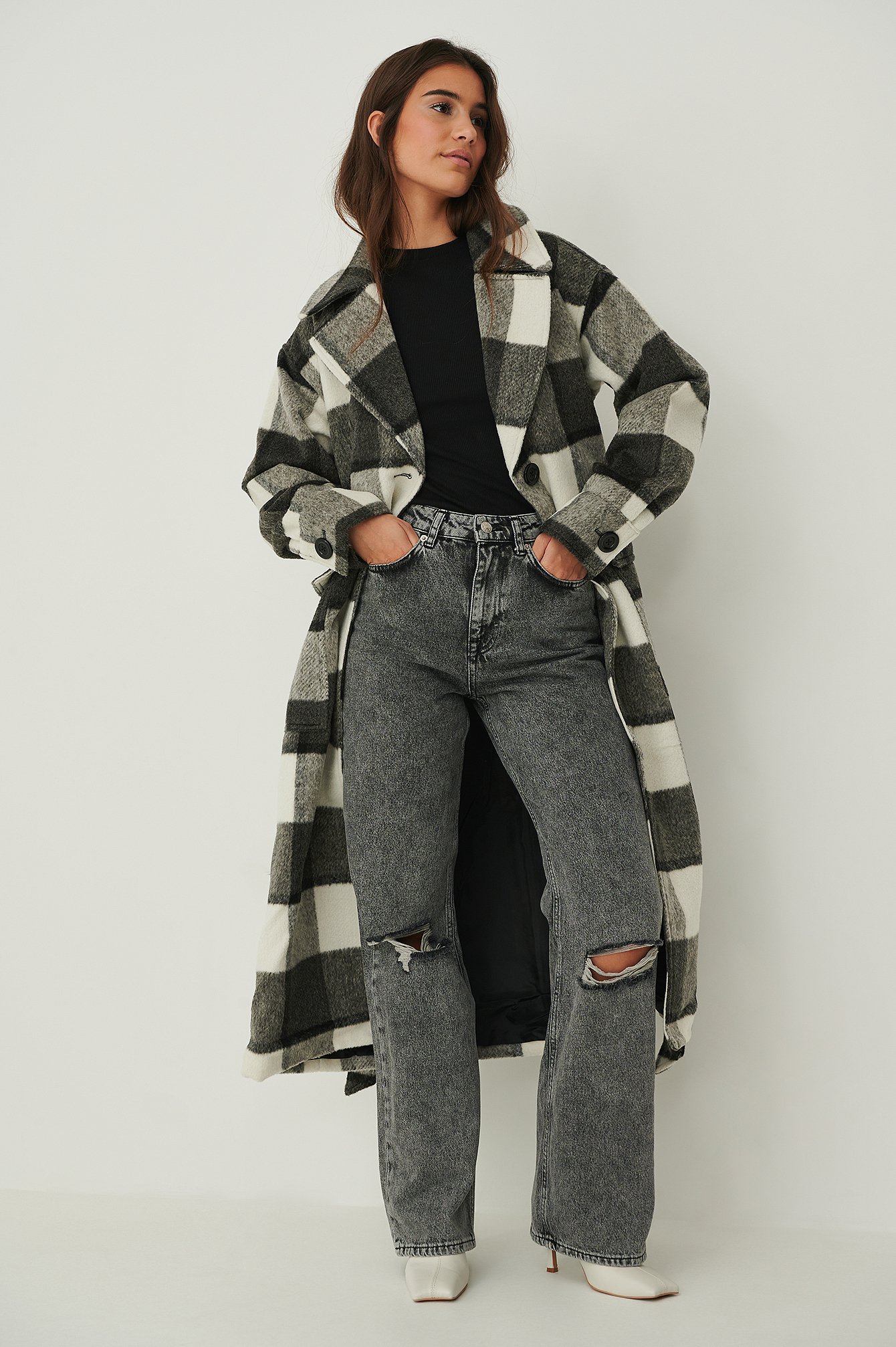 Checked Oversized Belted Coat Outfit