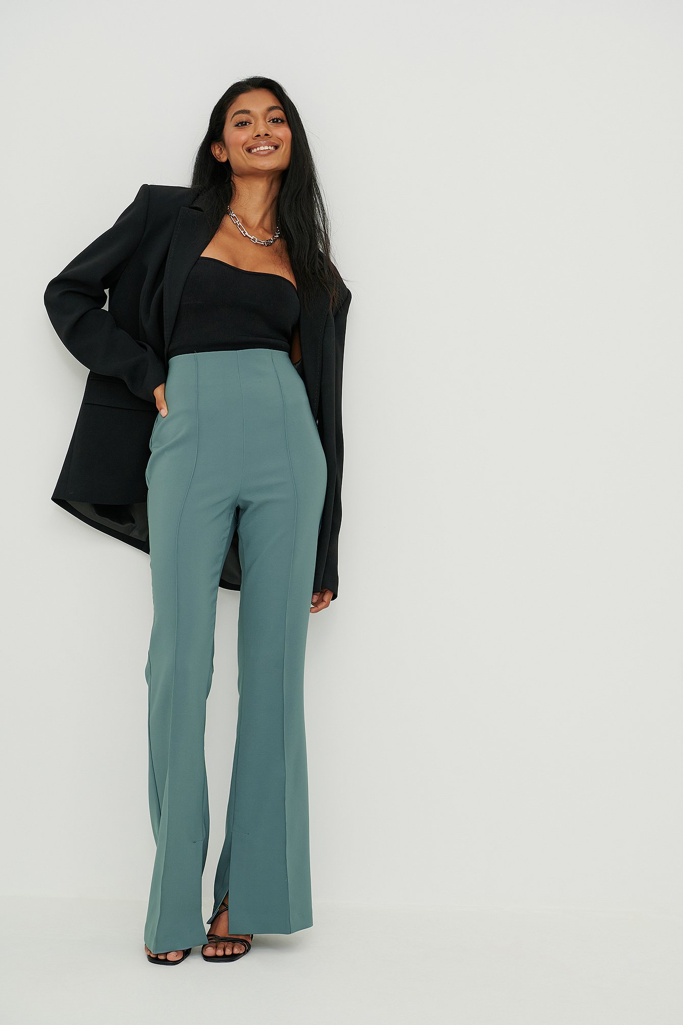 Green/Grey Resirkulert slitt bukse med splittdetaljer