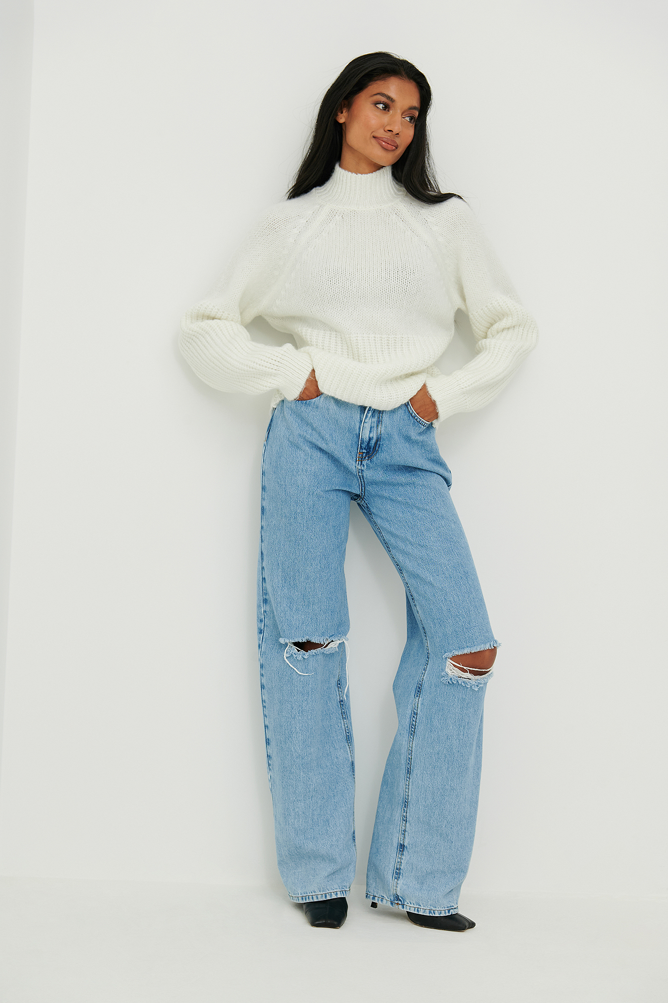 High Neck Ribbed Balloon Sleeve Sweater 