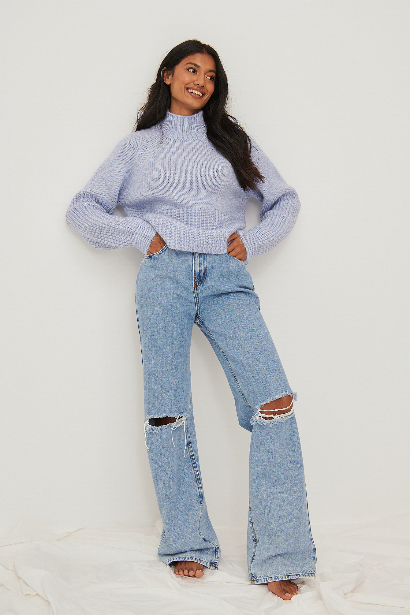 Open Knee Straight High Waist Jeans 